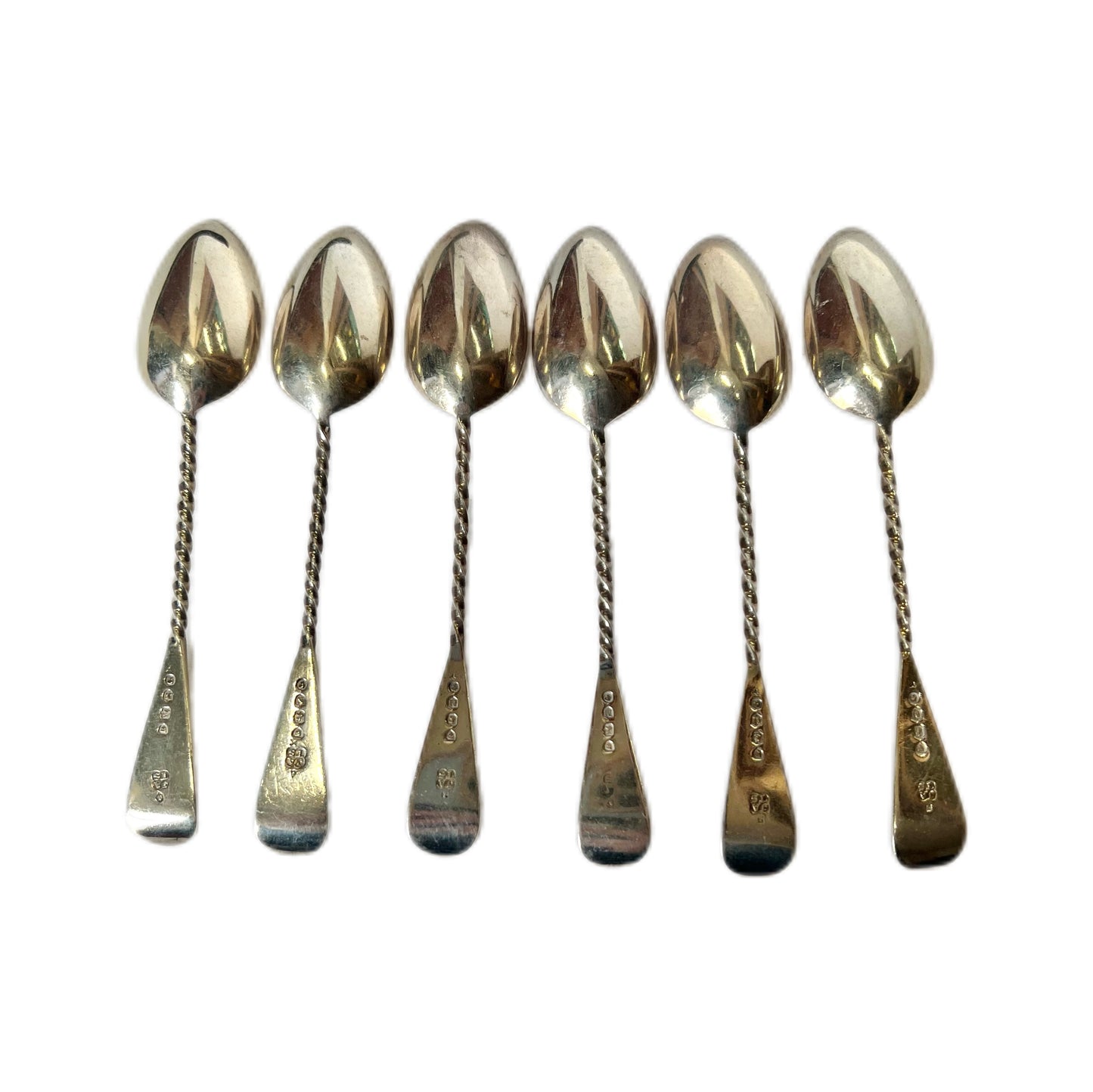 6 antique sterling silver Aldwinckle & Slater teaspoons and a matching pair of sugar tongs, original Hardy Bros box
