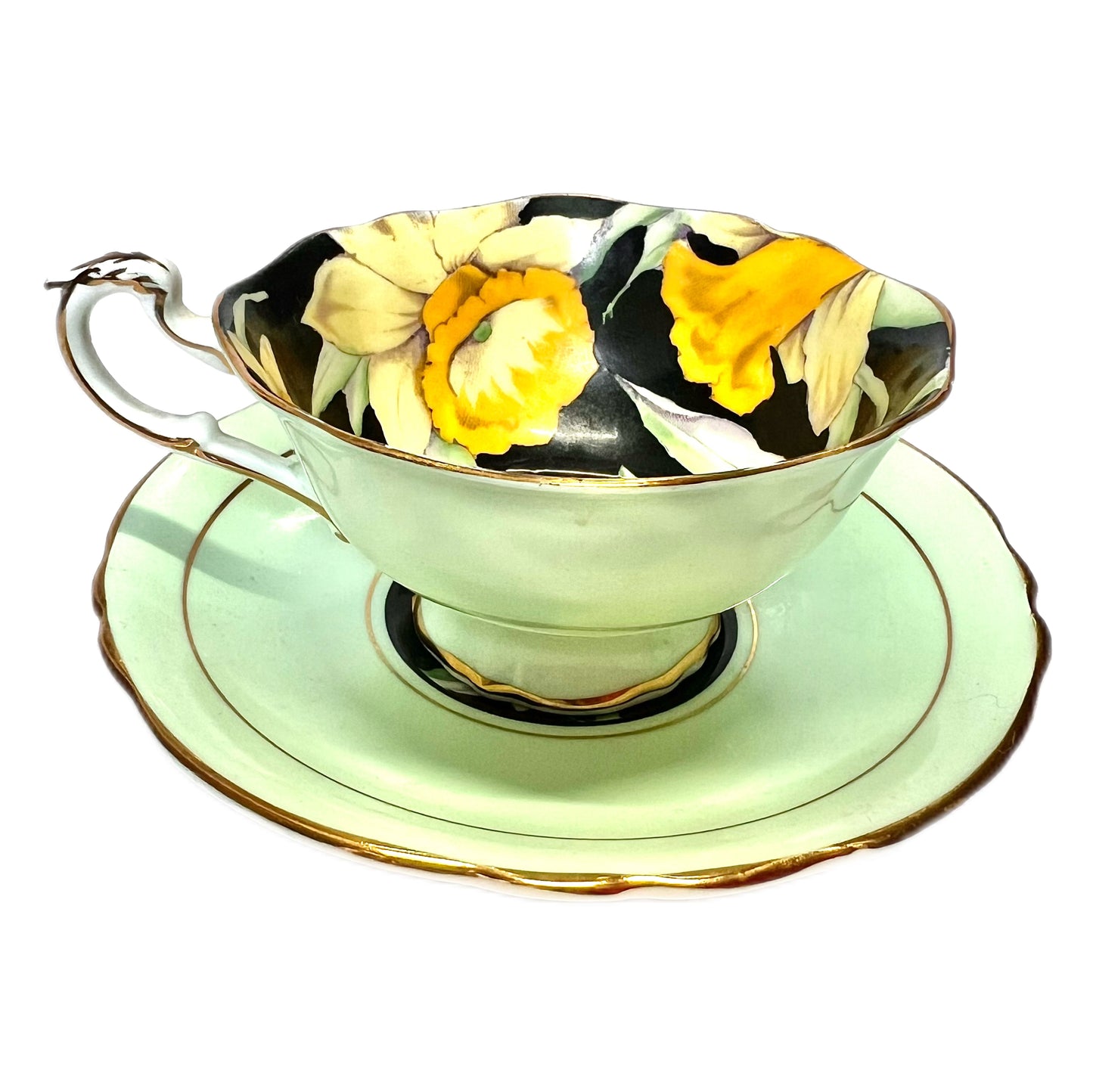 1930s Paragon Green Daffodil teacup and saucer as found