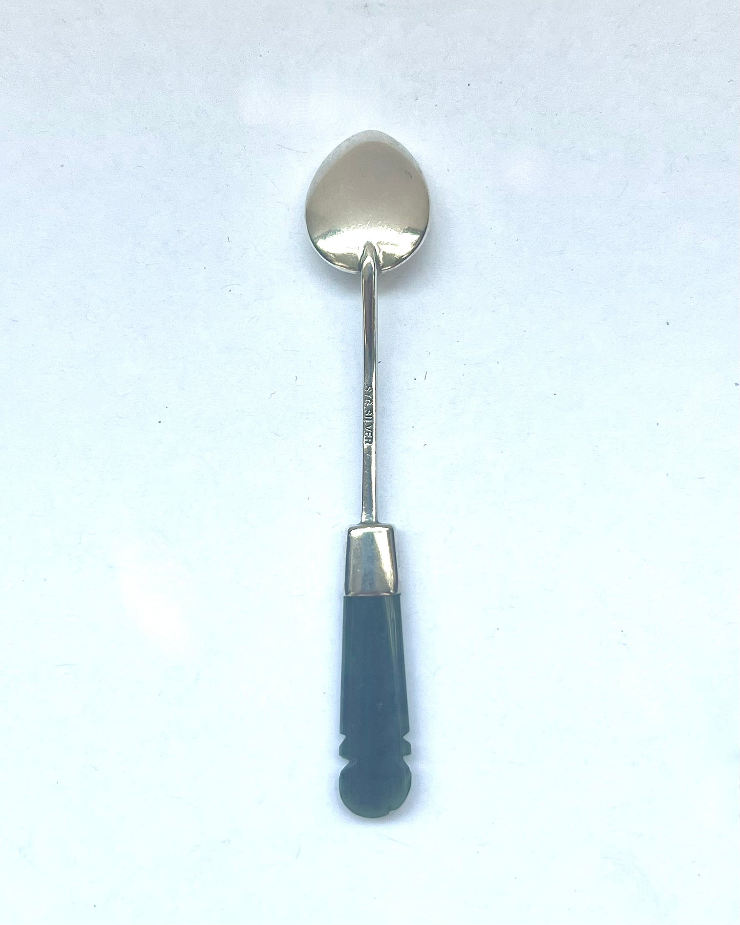 Antique New Zealand sterling silver condiment spoon with nephrite jade handle