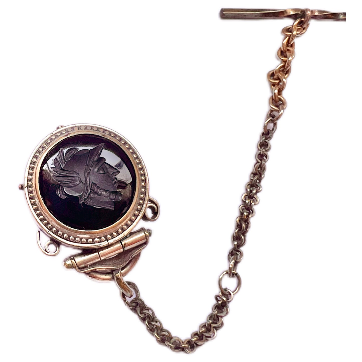 Antique double-sided locket intaglio watch fob with T-bar chain