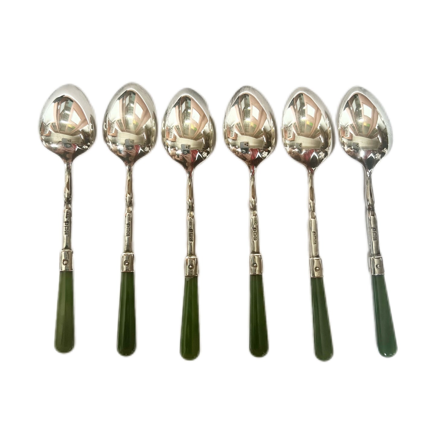 6 antique George V sterling silver and poumanu jade coffee spoons