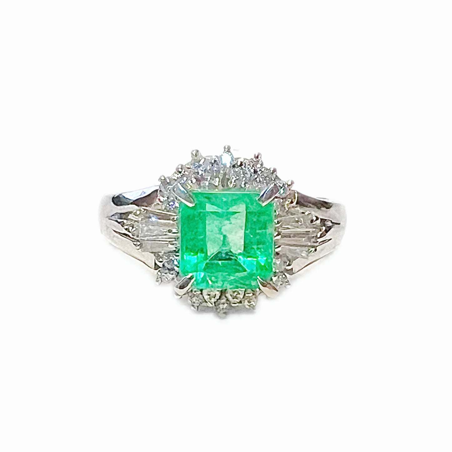 Vintage emerald, diamond and platinum ring over 2carats total gemstone weight