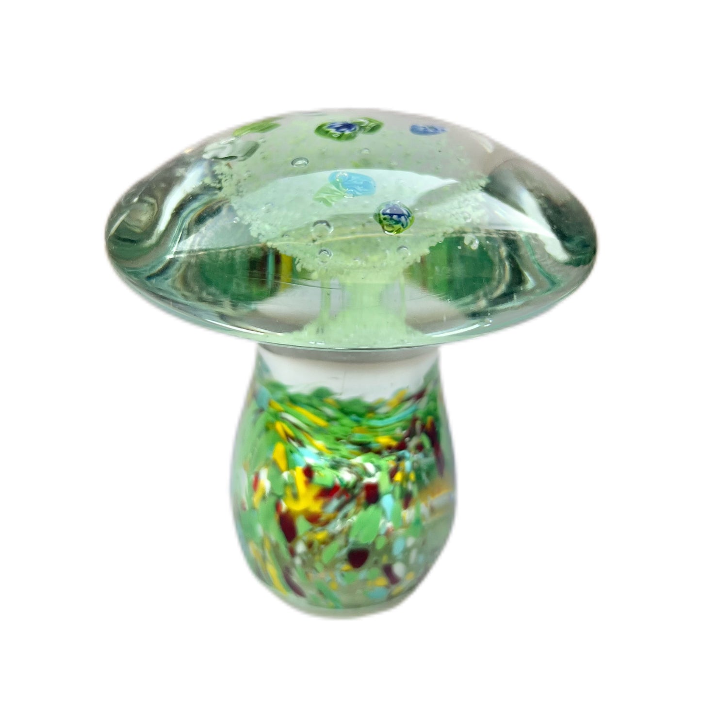 Handblown art glass mushroom figurine / paperweight with luminescent UV reactive details