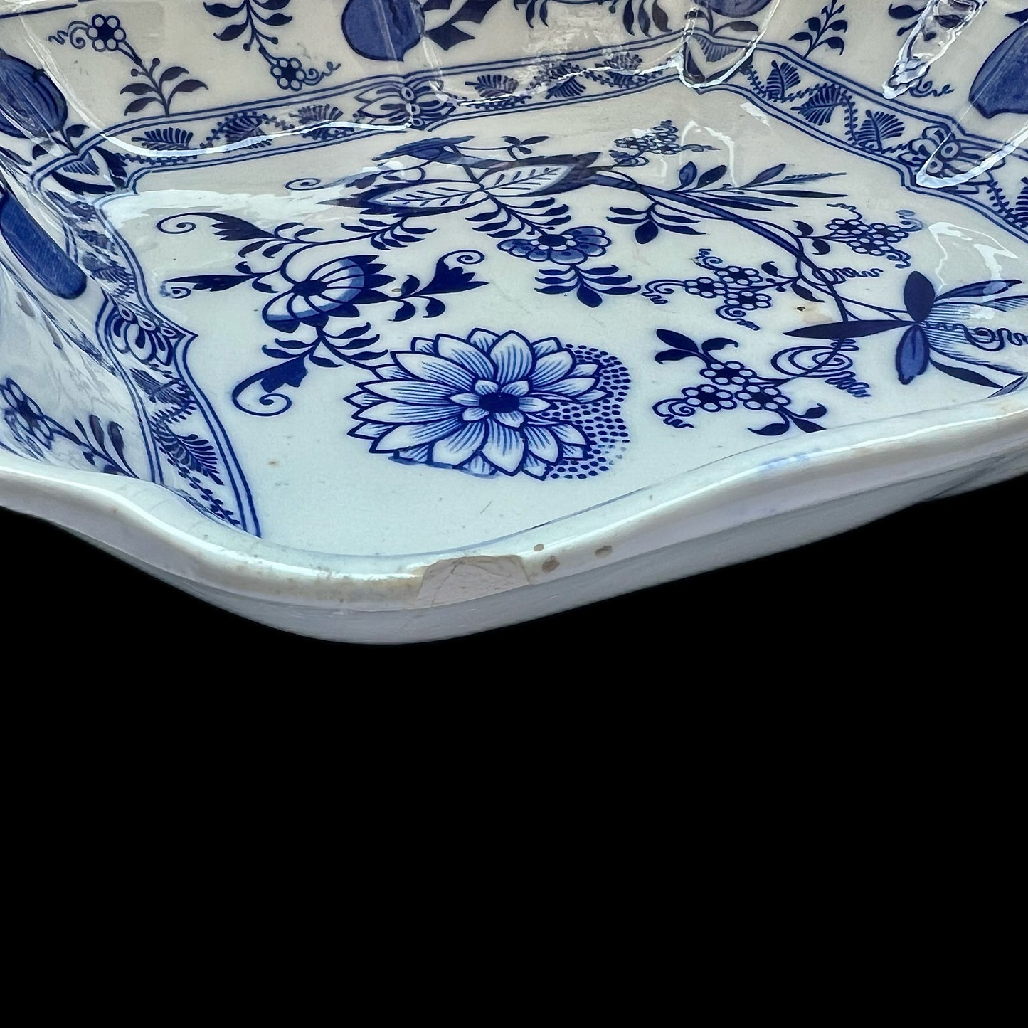 Antique CHIPPED Lewis Strauss & Son's blue and white transferware square serving dish in Blue Meissen pattern (Copy)