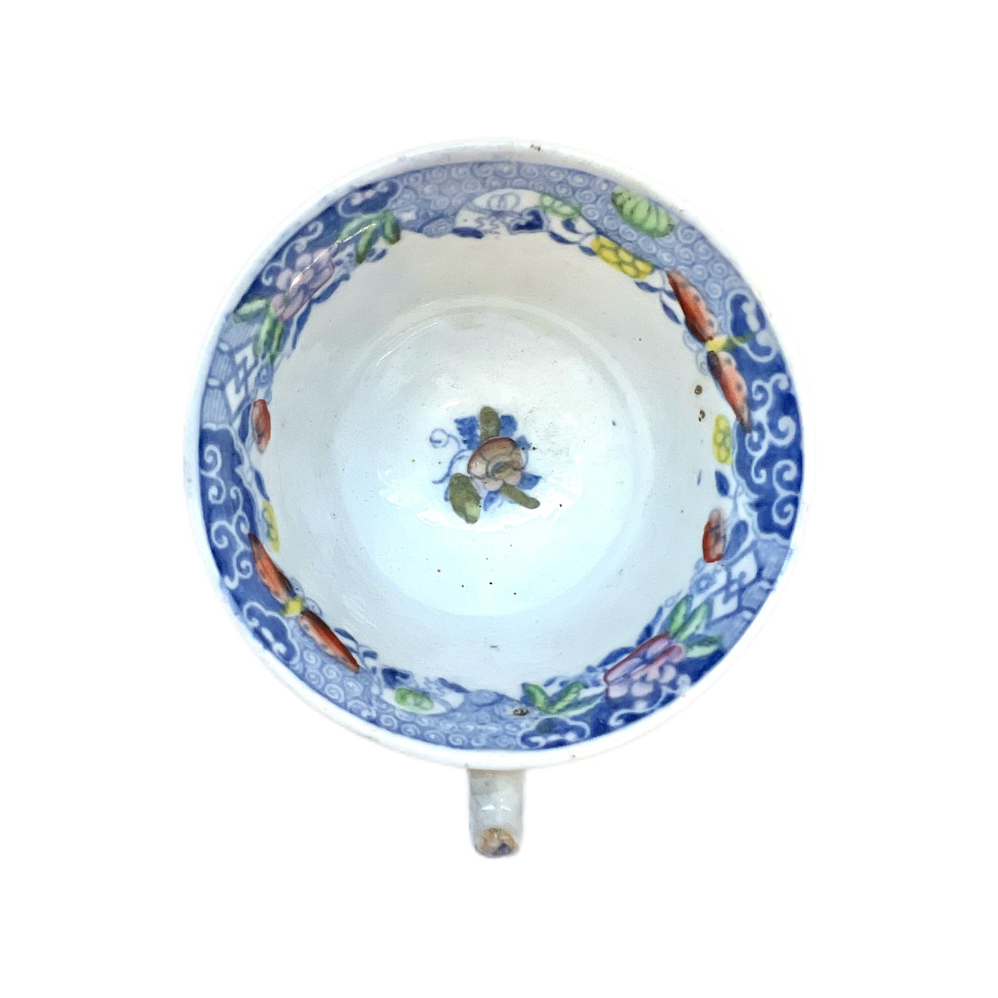 Late Georgian polychrome transfer teacup with a lovely oriental scene