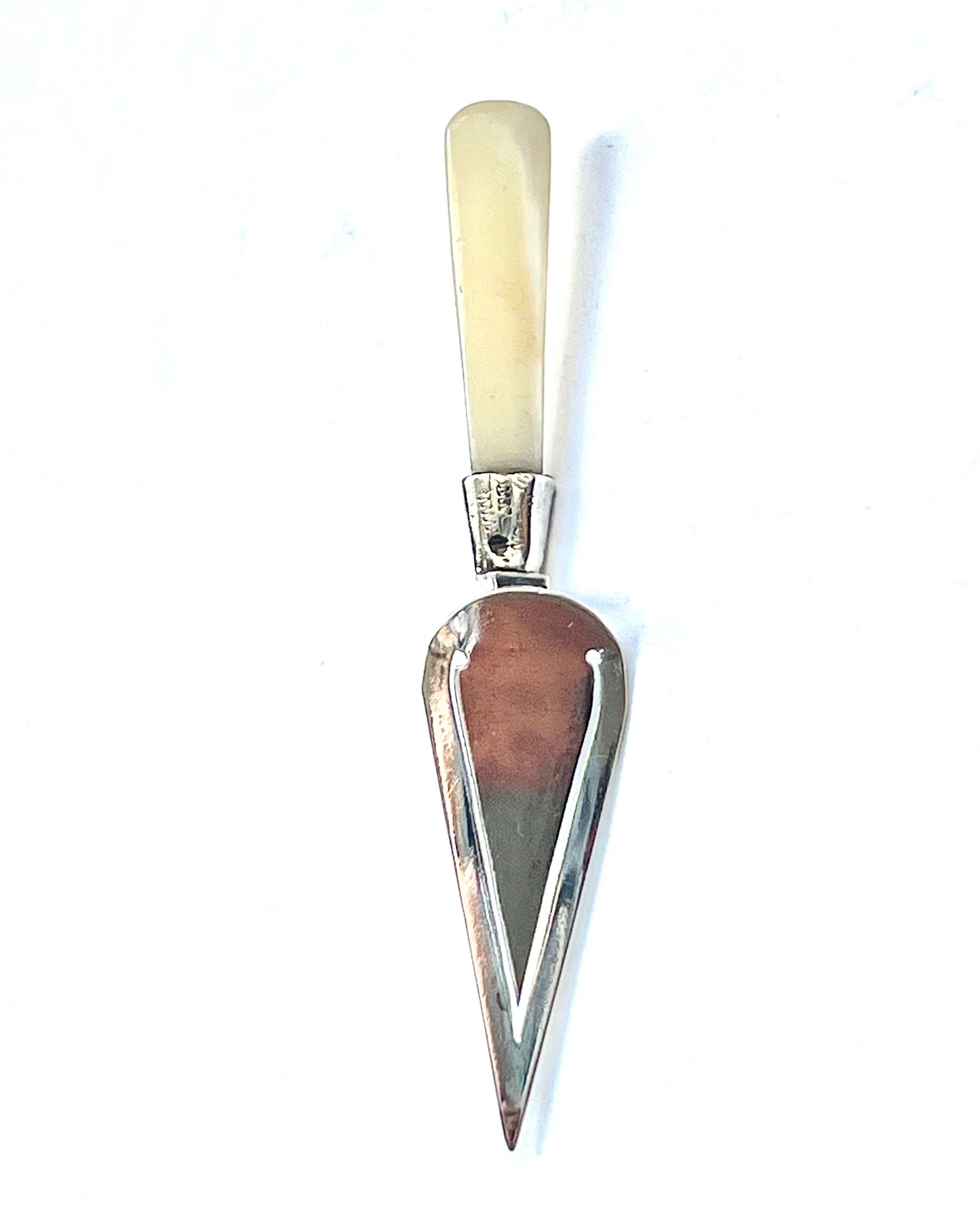 Victorian mother of pearl and sterling silver book spade, with marks for Birmingham, 1897