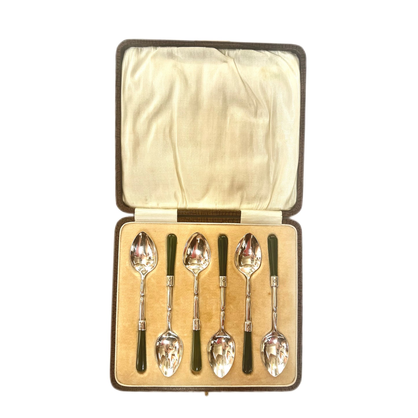 6 antique George V sterling silver and poumanu jade coffee spoons