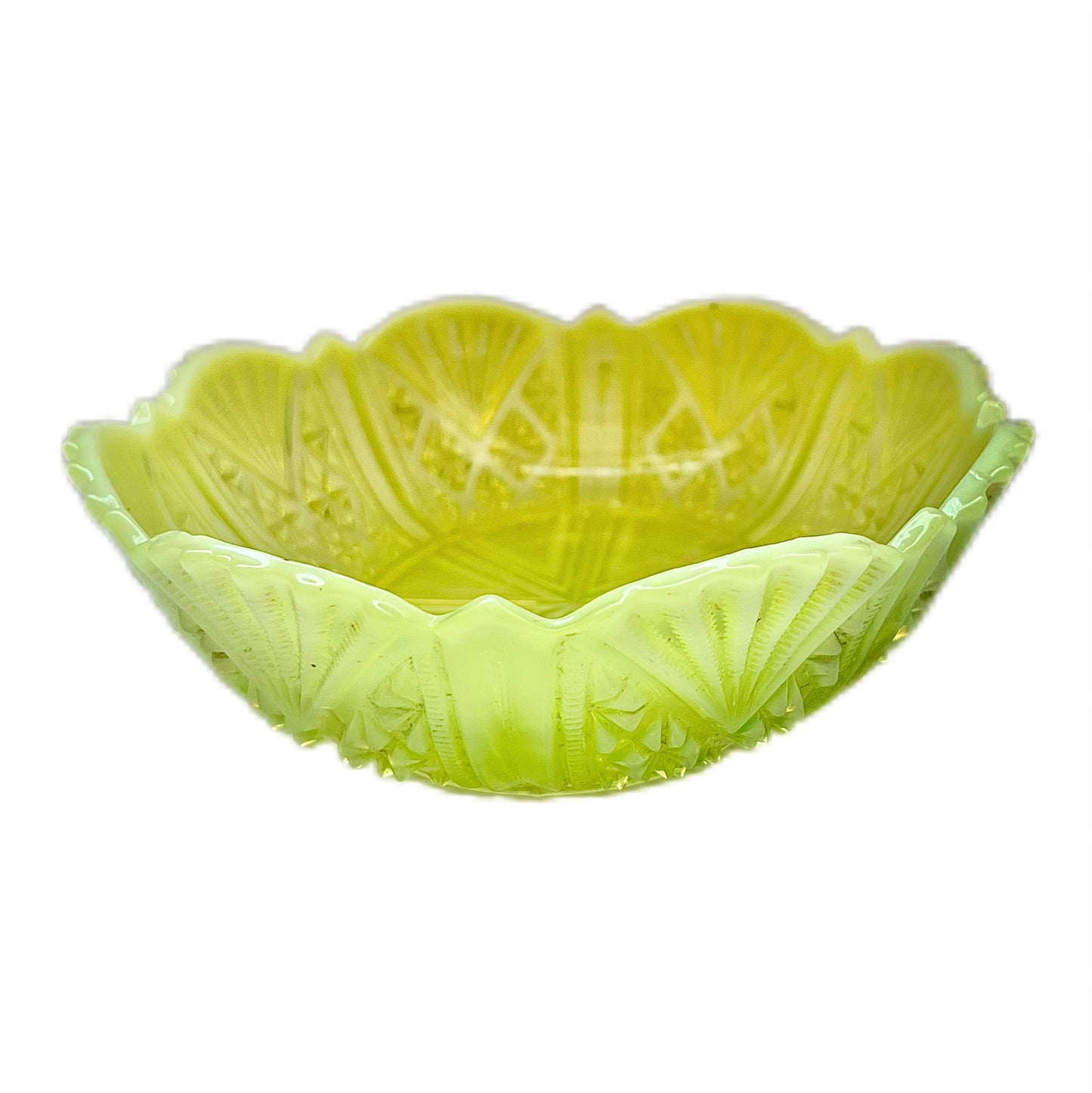 Stunning late Victorian uranium yellow vaseline glass dish circa 1890s to 1900s