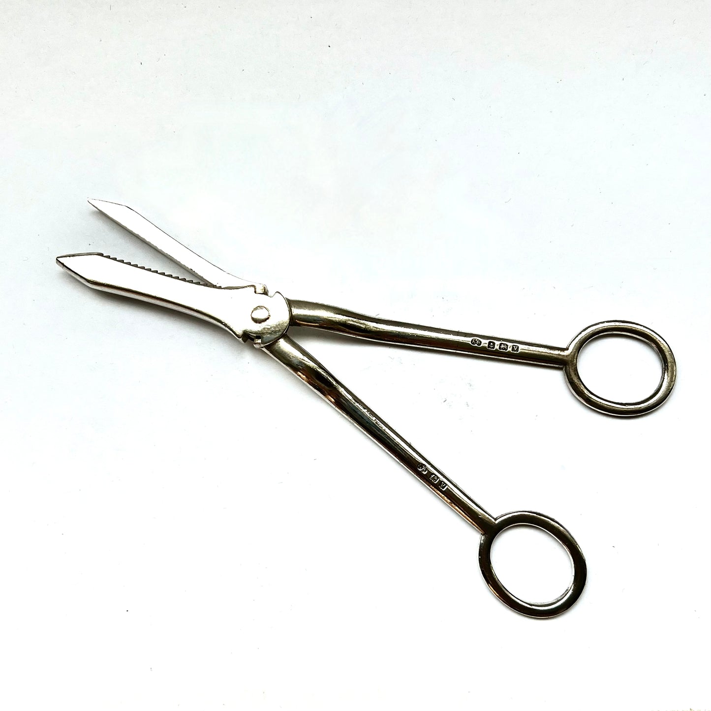 Antique pair of English sterling silver grape shears. Marks for Birmingham, 1920, Elkington &amp; Co