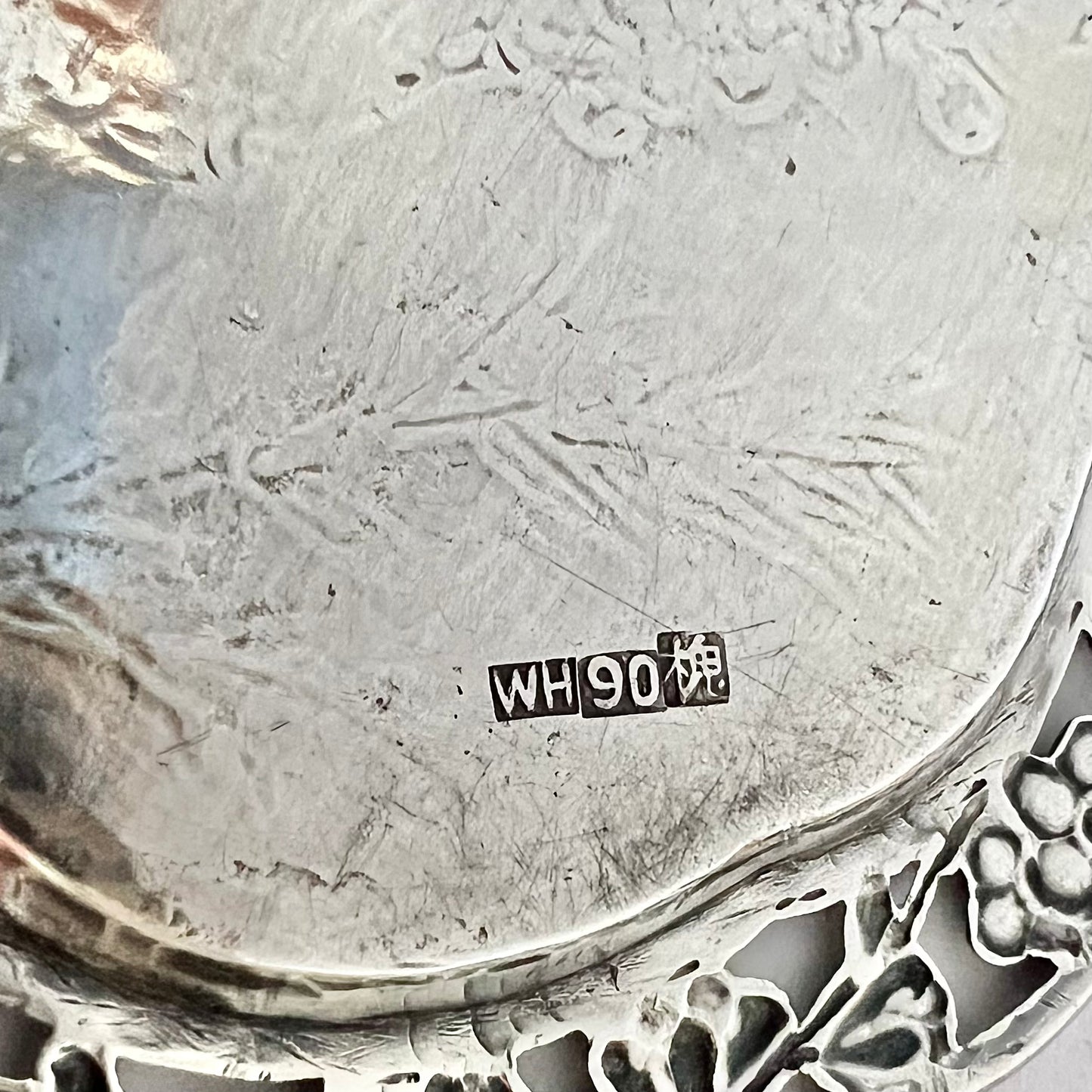 Antique Chinese export silver plum blossom trinket dish by Wang Hing