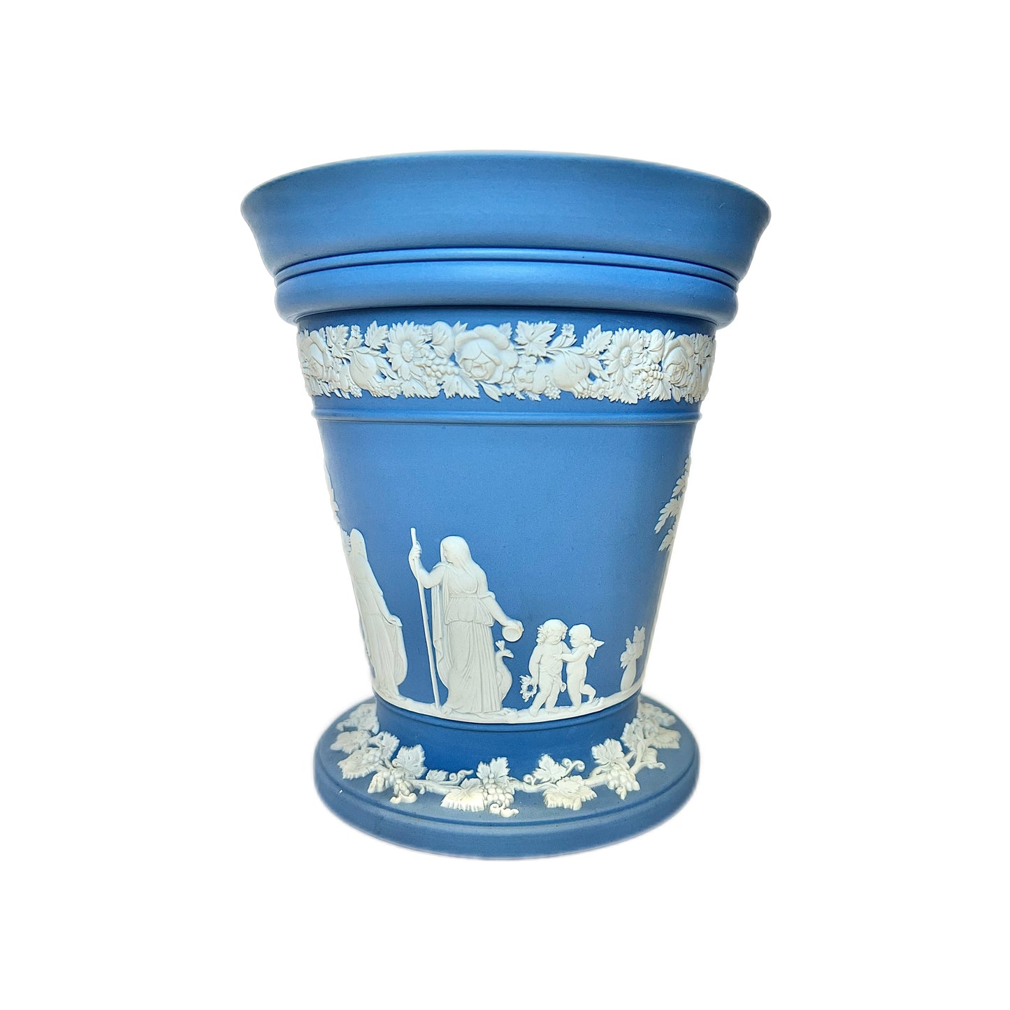 Large vintage blue Wedgwood vase with original flower frog