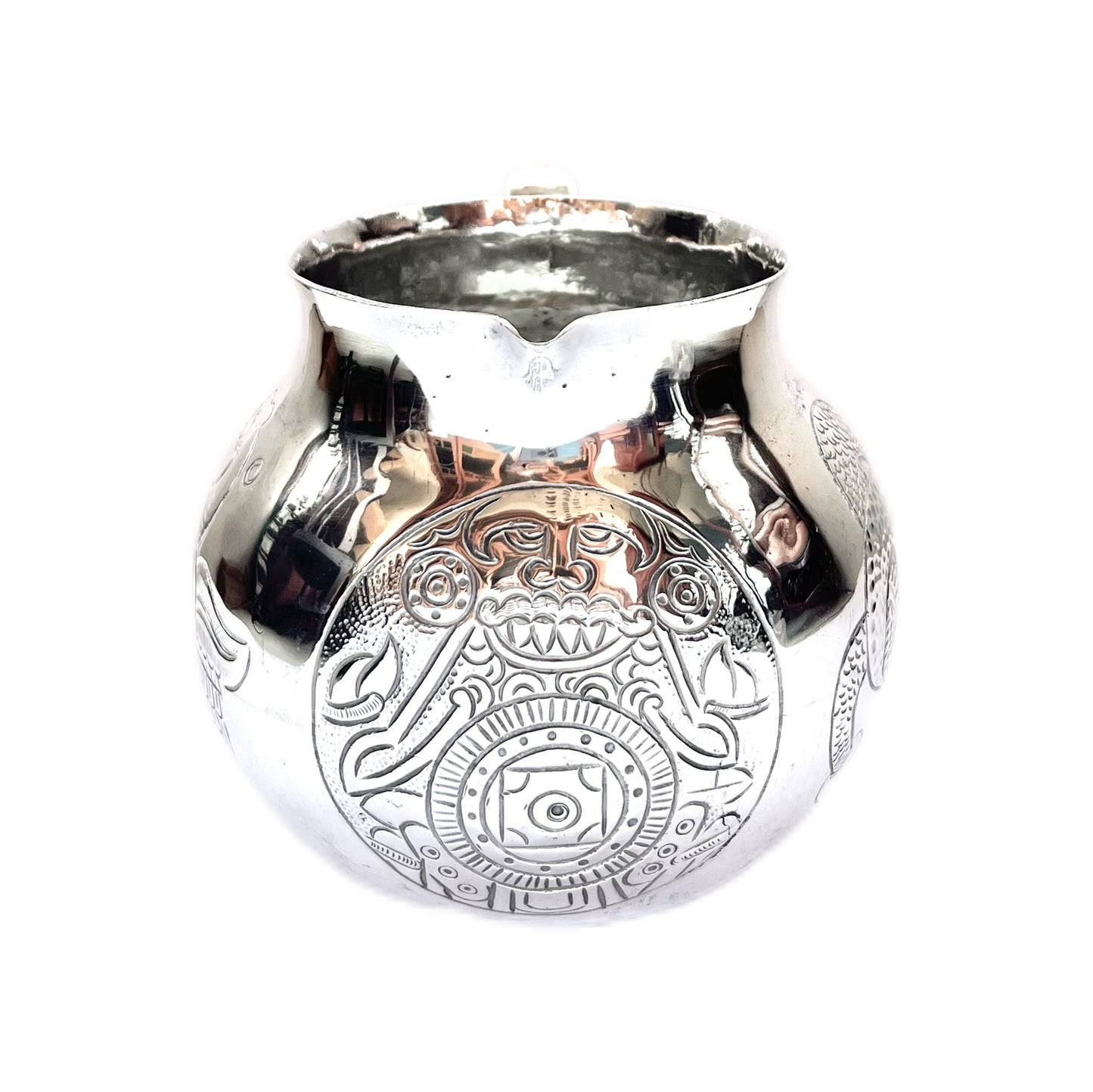 Midcentury Mexican sterling silver pitcher with varying Aztec motifs