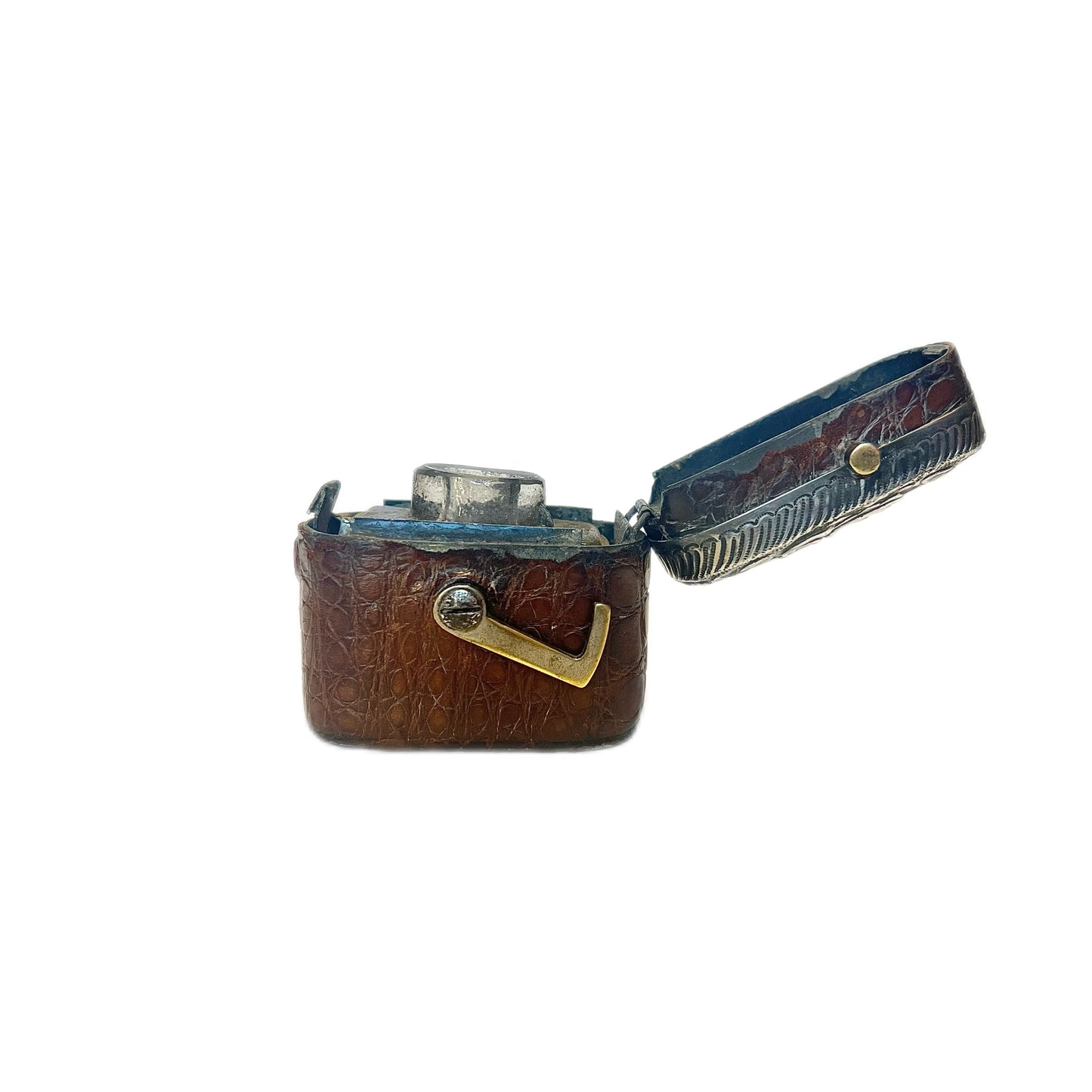 Antique leather-cased travelling inkwell with sterling silver top