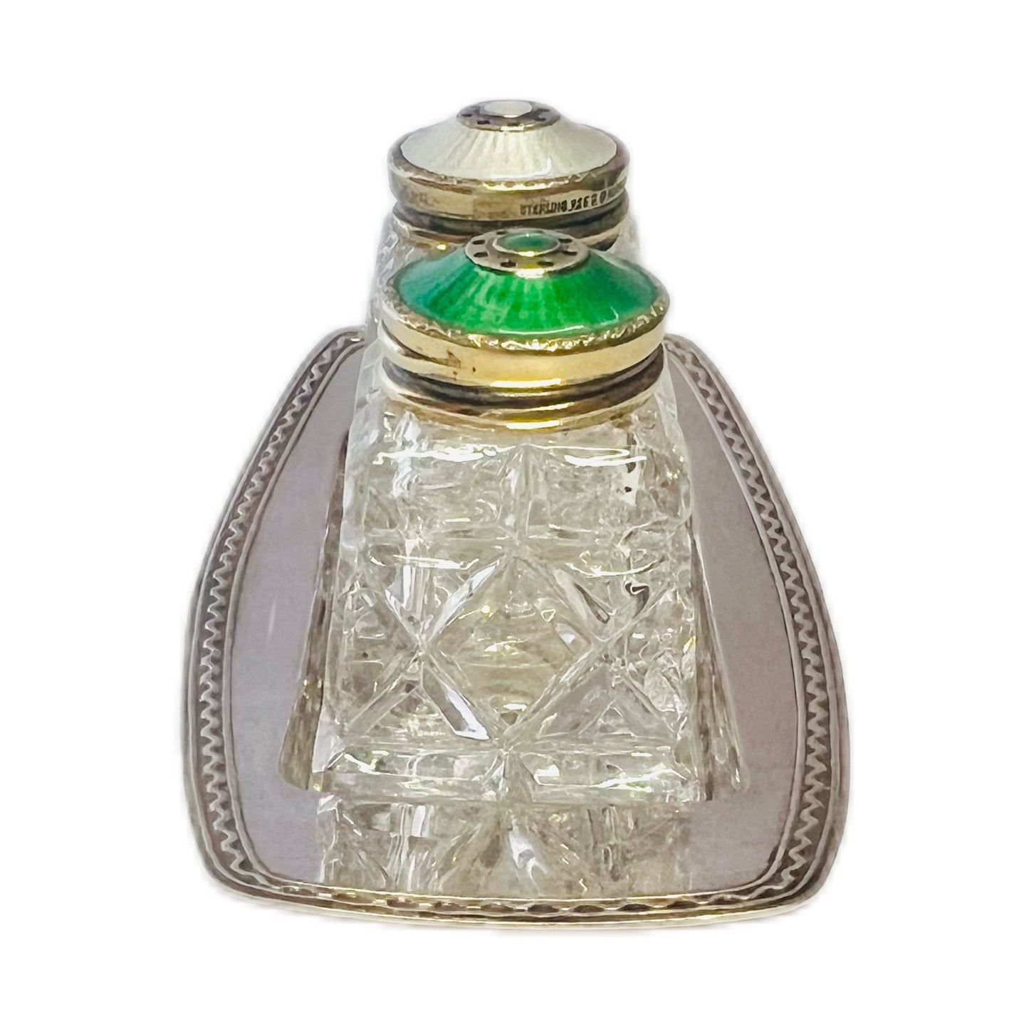 David Andersen enamel and silver silver salt and pepper shakers with silver-plated tray