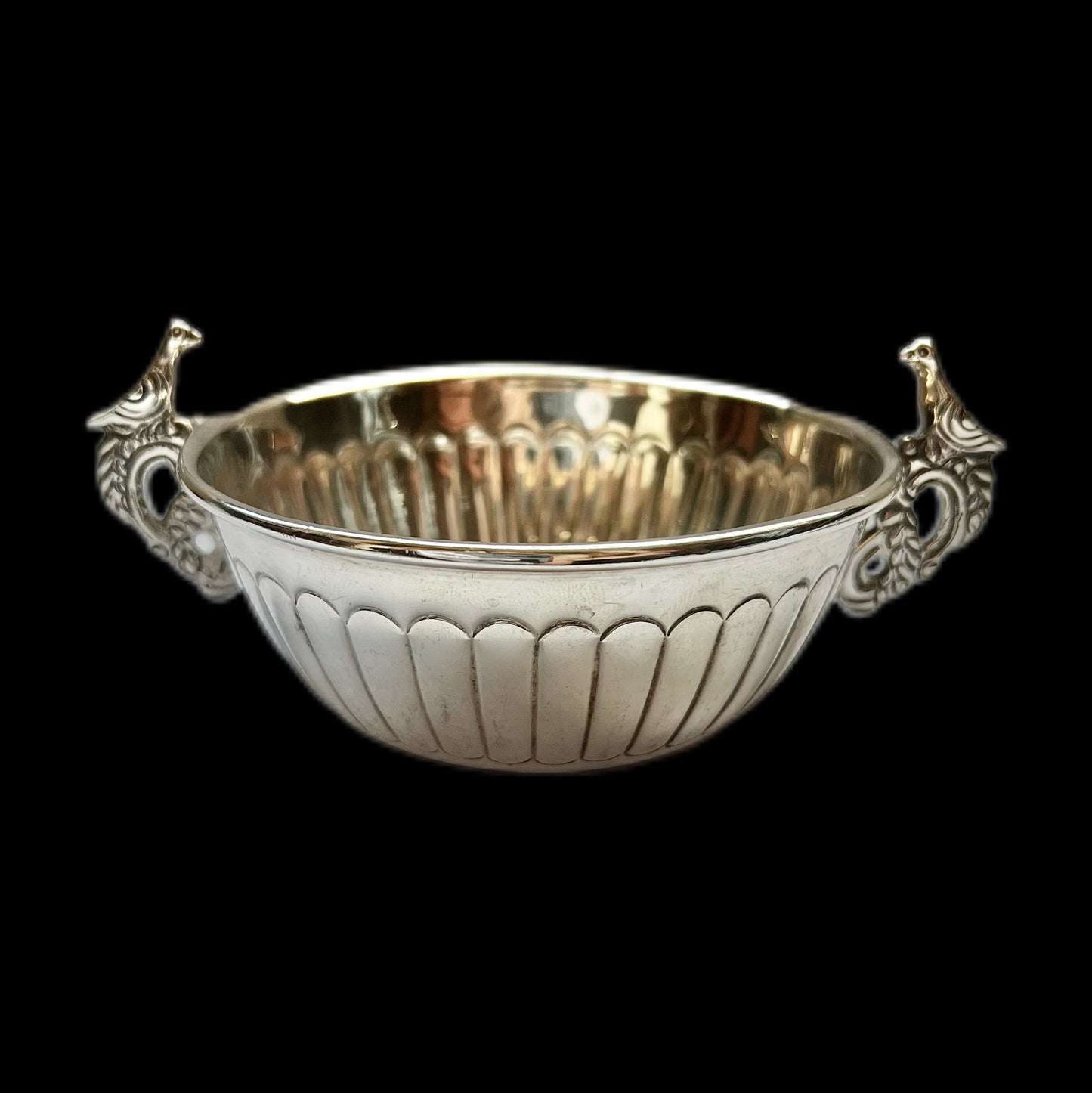 Midcentury Mexican sterling silver double peacock handled bowl by AOM for Tane Orfebres