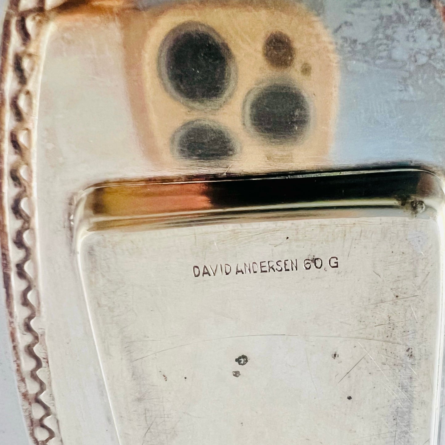 David Andersen enamel and silver silver salt and pepper shakers with silver-plated tray