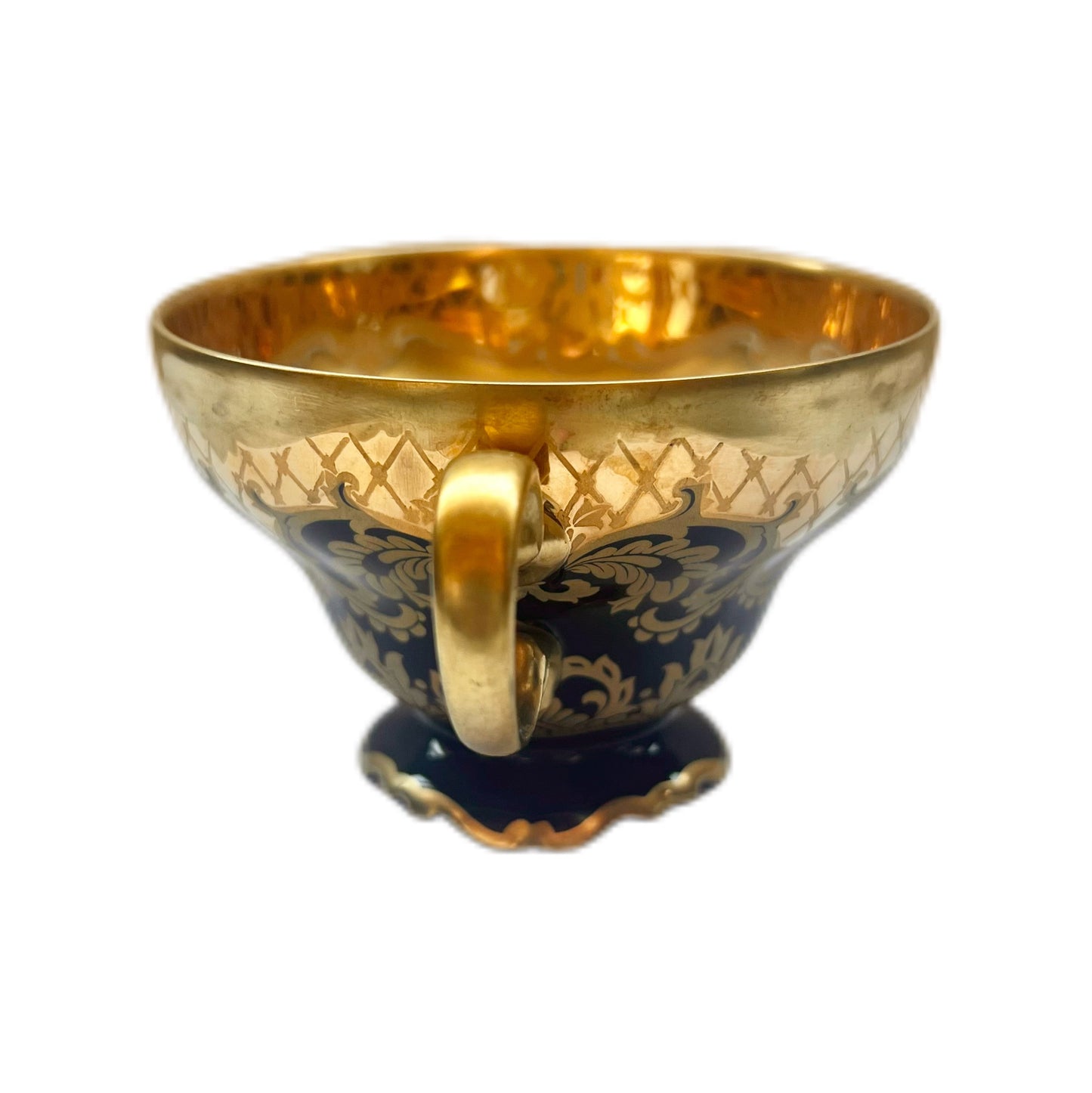 Rare vintage richly gilded Rosenthal Pompadour teacup trio in cobalt blue and gold