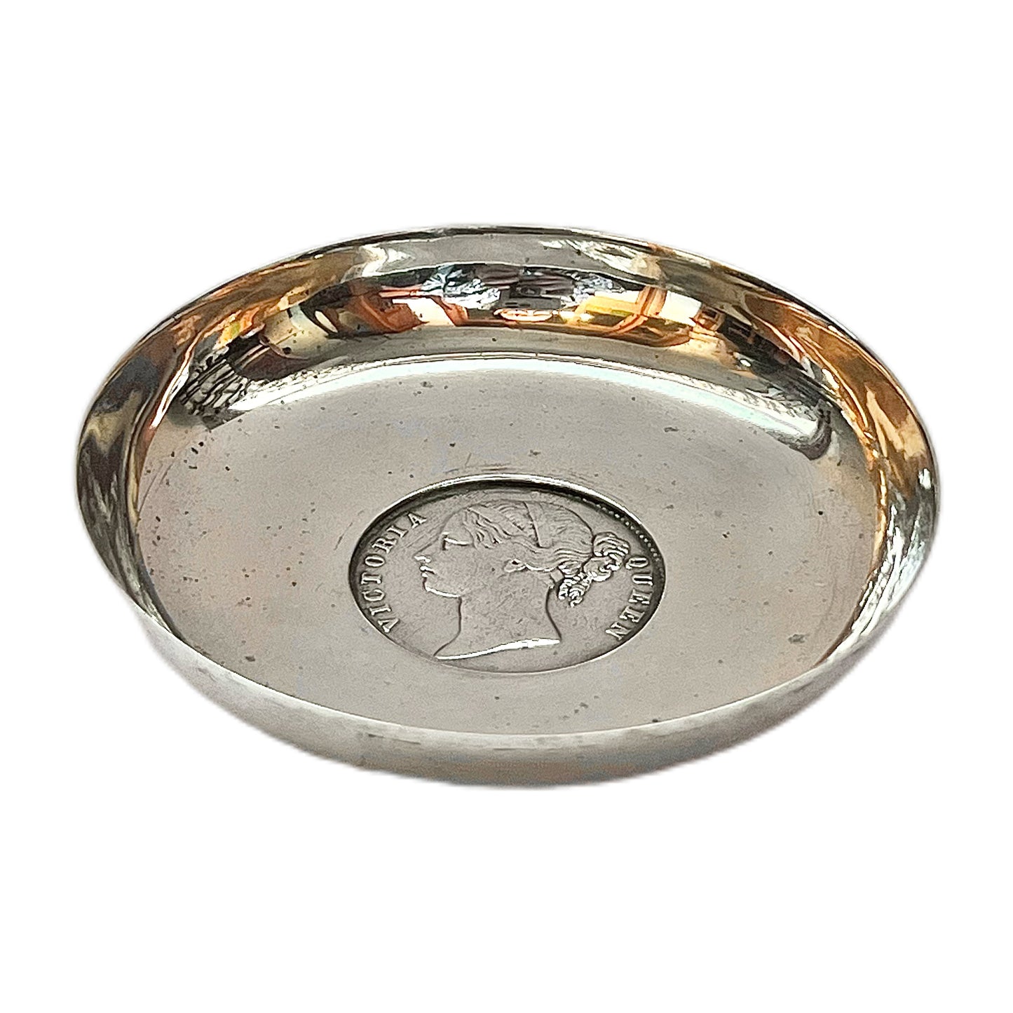 Antique small sterling silver East India Company dish with an 1840 rupee coin