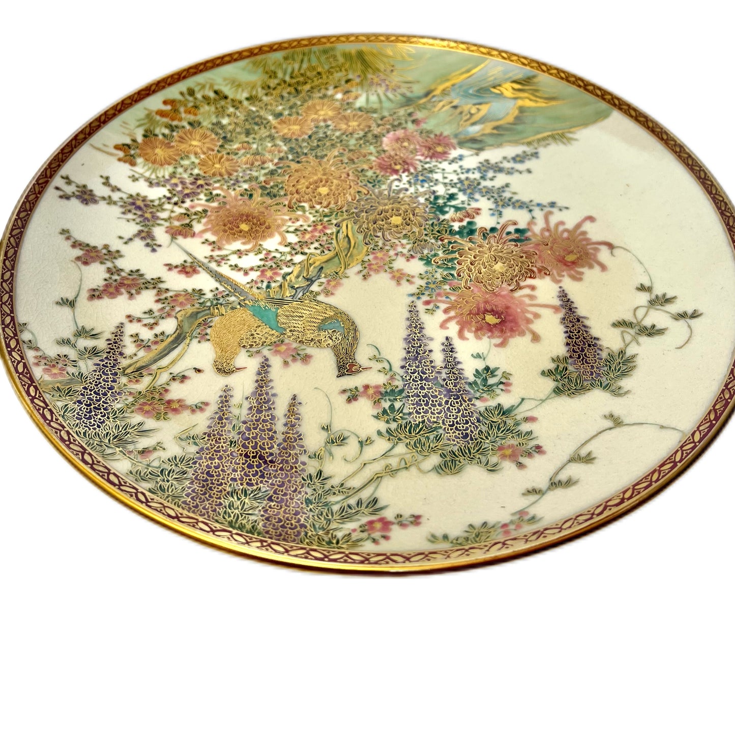 Vintage near antique Satsuma pheasant and wisteria plate, Soko of Kobe