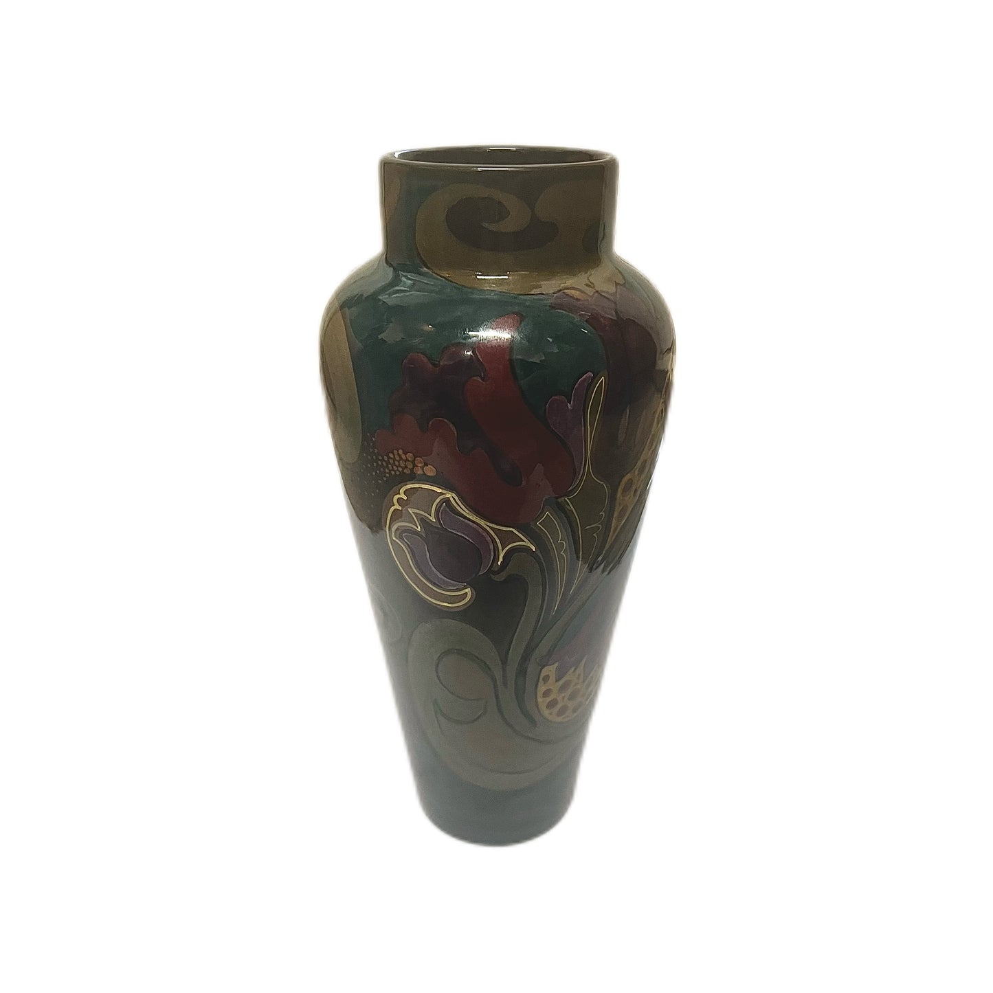 Antique PZH Gouda Dutch Pottery vase with stylised dark florals, circa 1918