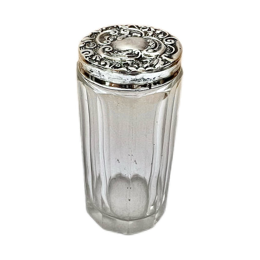 Antique Edwardian cut glass toiletry jar with repousse sterling silver lid