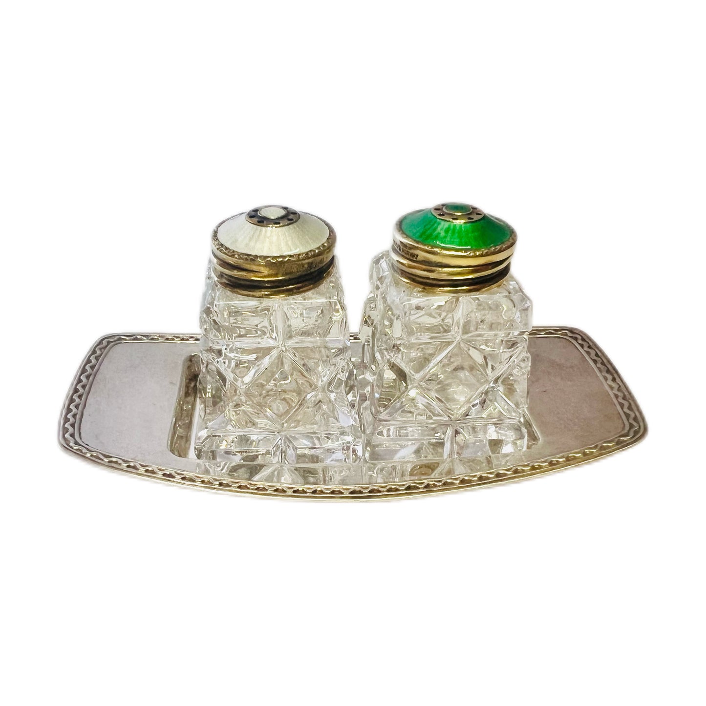 David Andersen enamel and silver silver salt and pepper shakers with silver-plated tray