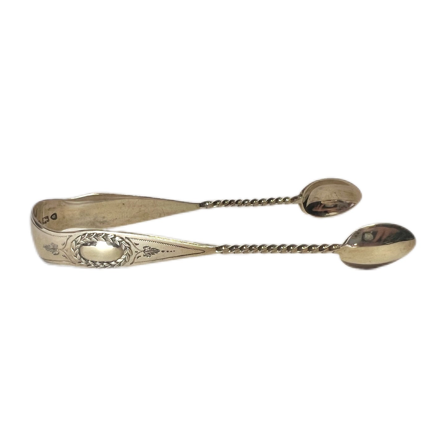 6 antique sterling silver Aldwinckle & Slater teaspoons and a matching pair of sugar tongs, original Hardy Bros box
