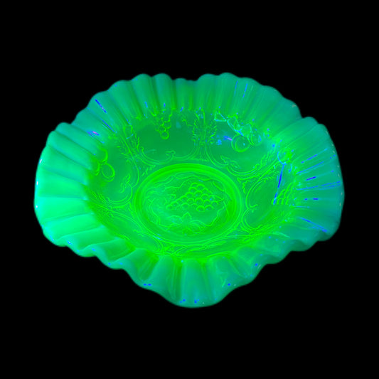 Vintage uranium glass bowl with ruffled lustre edges by Mosser Glass