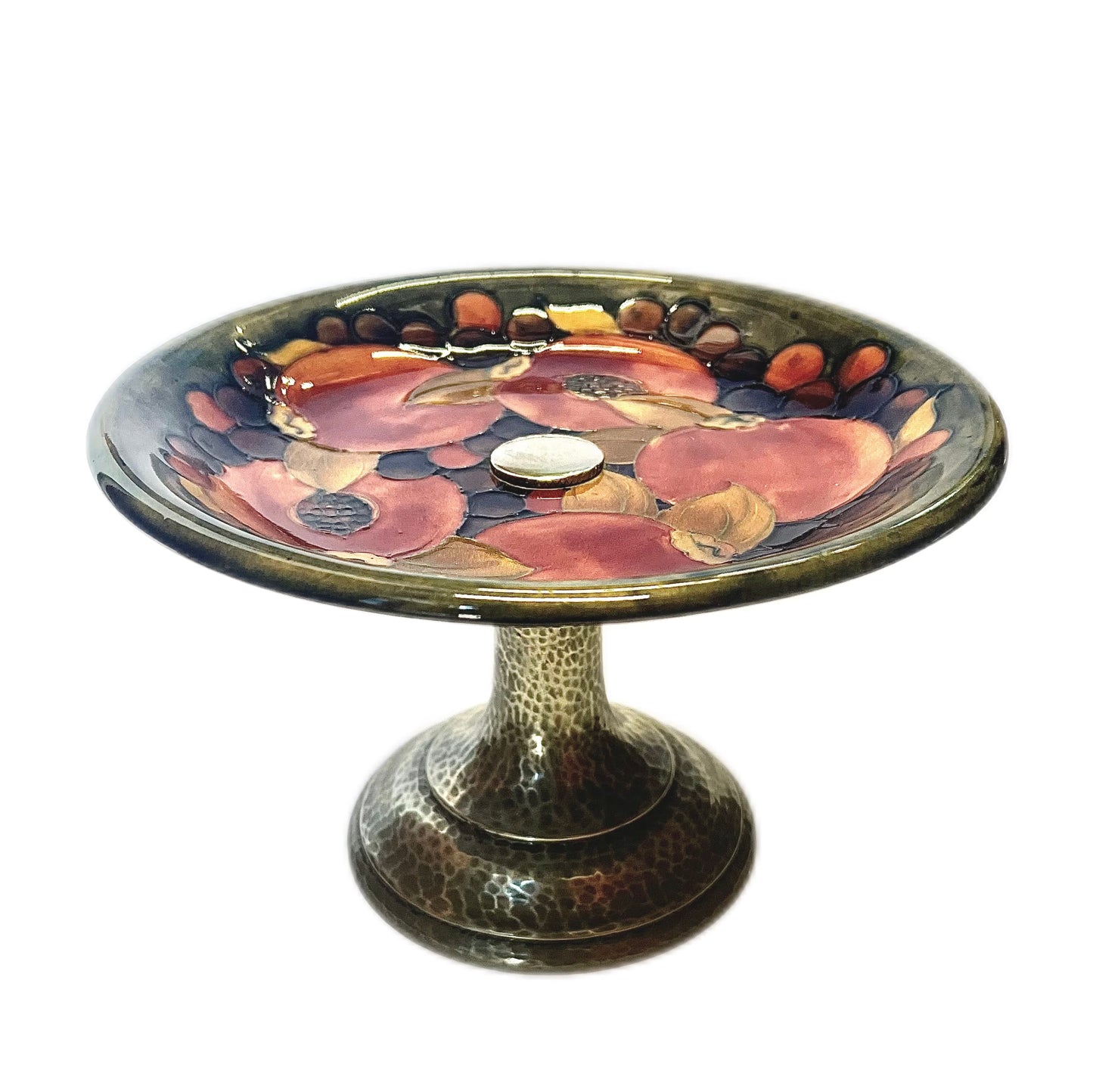 Antique Moorcroft Pomegranate patterned tazza/comport with planished pewter base