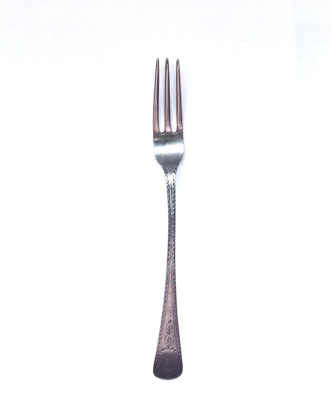 Exceptional 18th century early Chinese Export Silver fork by important maker Bao Ying, High Georgian manner with bright-cut pattern