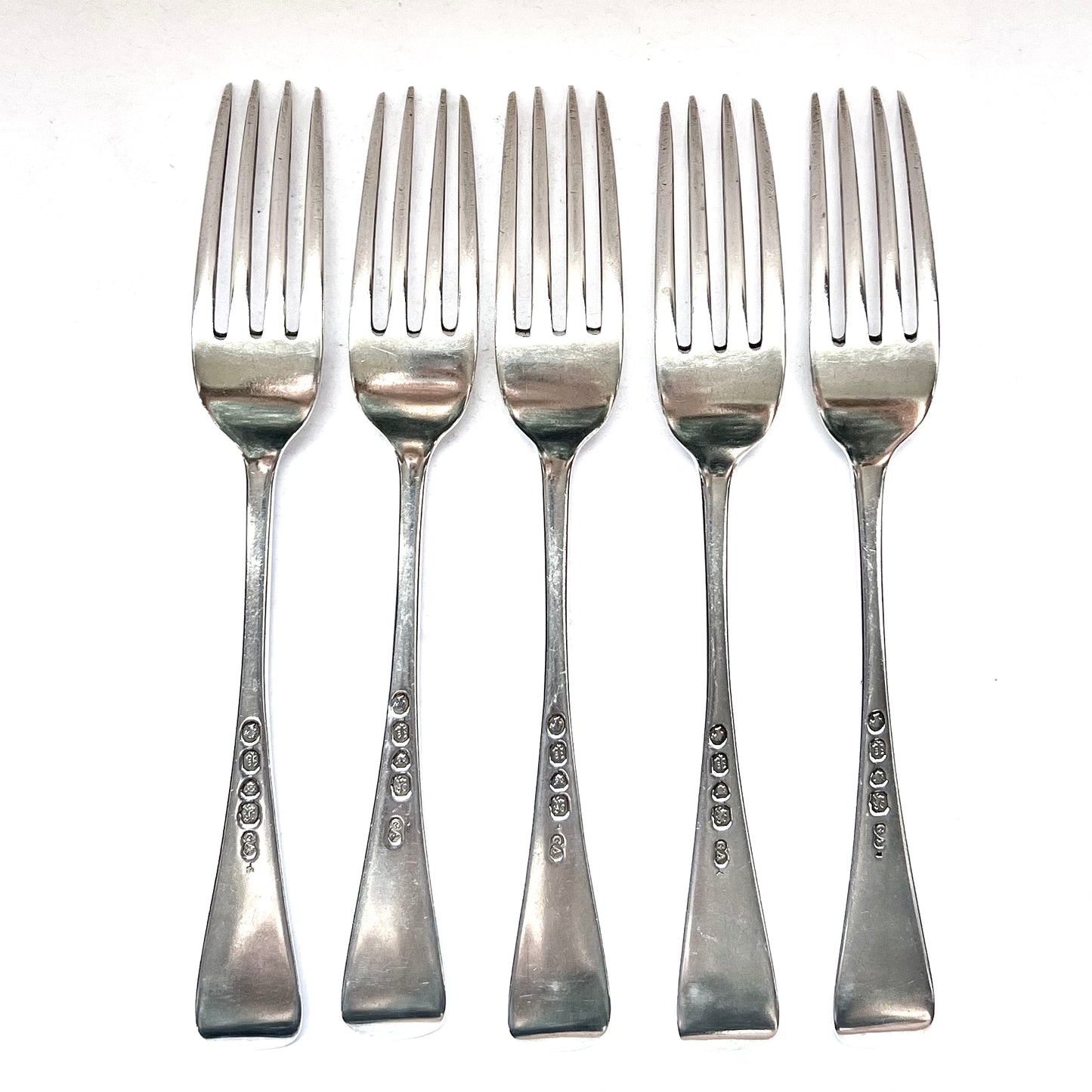 Set of 5 Victorian sterling silver entree forks, London, 1850, Chawner & Co. Beveridge family crest.