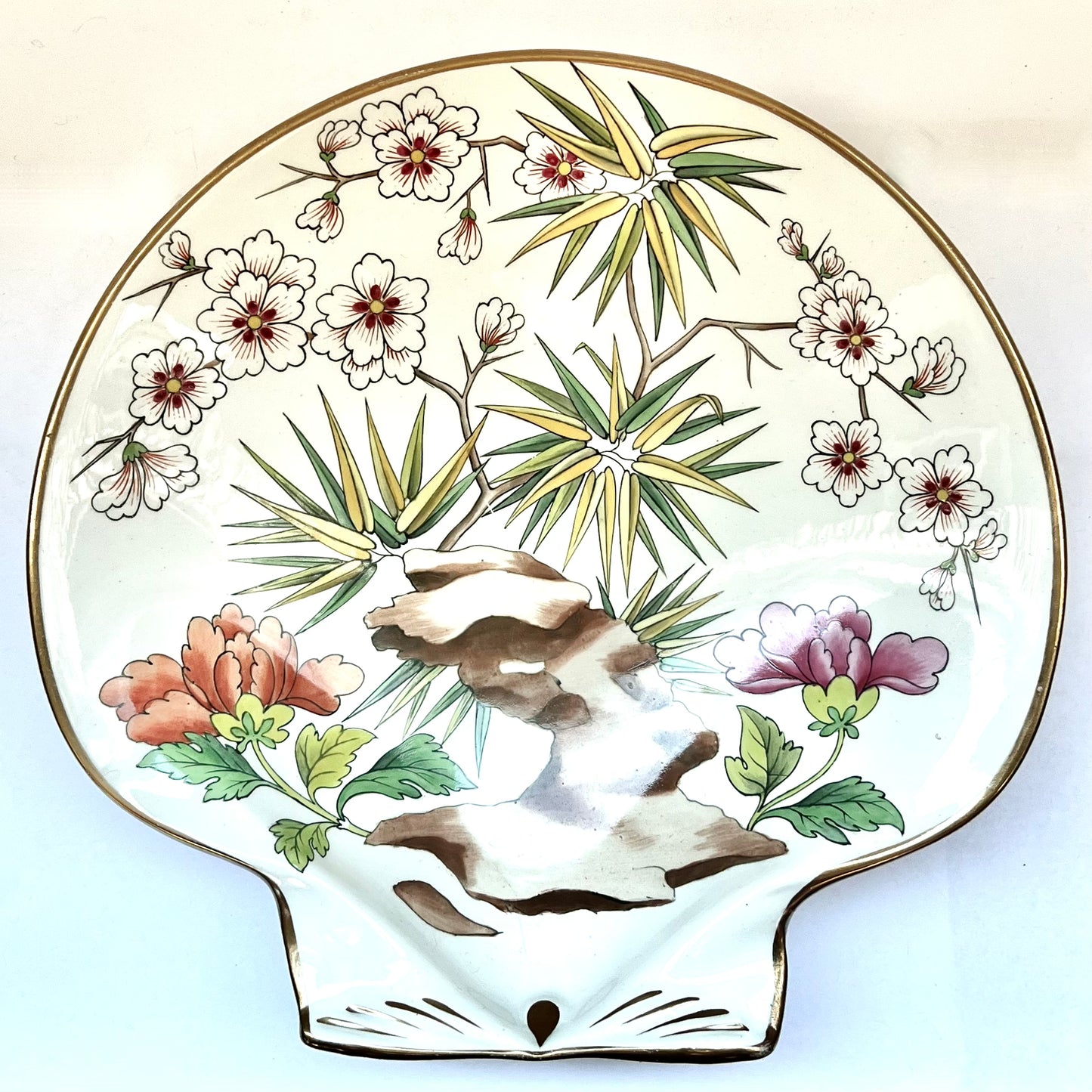 Antique late 19th century Wedgwood Pearlware shell dessert plate, hand-painted in the Prunus pattern