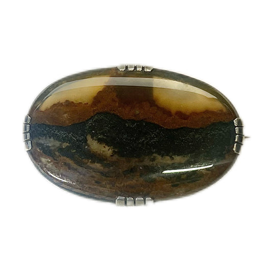 Rare early Australian sterling silver landscape moss agate brooch, late Victorian to early Edwardian