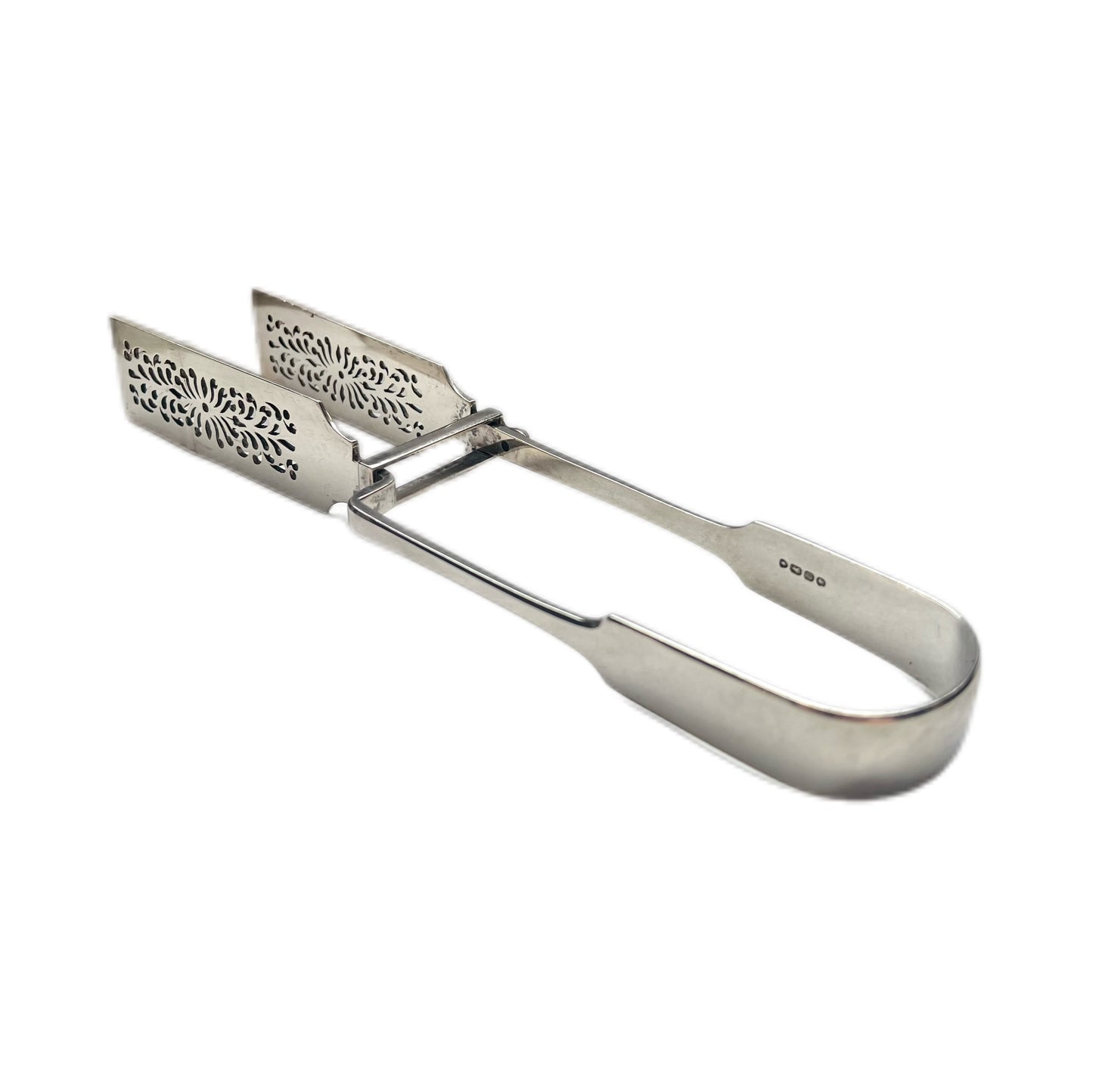 Antique high Victorian sterling silver tongs with pierced pattern and marks for Chawner &amp; Co., London, 1855