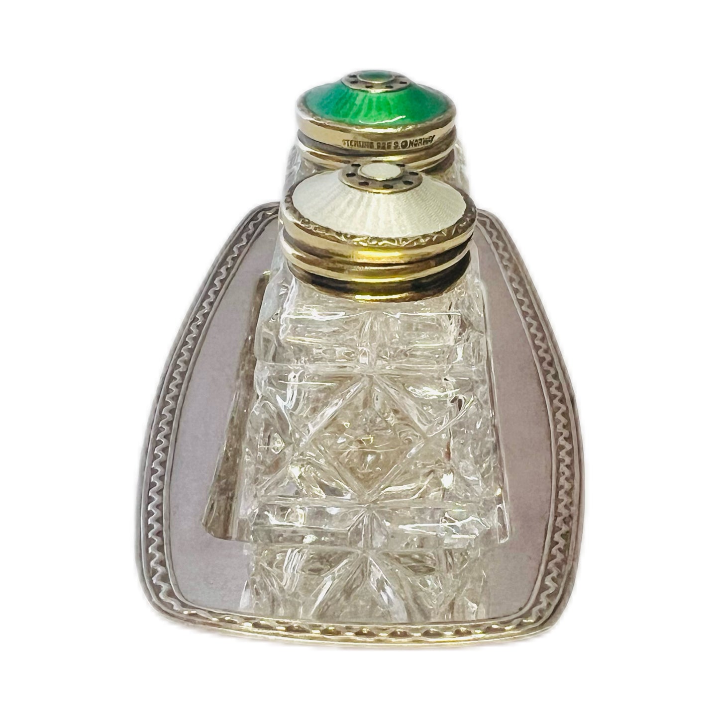David Andersen enamel and silver silver salt and pepper shakers with silver-plated tray