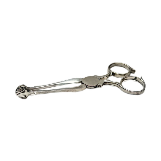 Antique Edwardian sterling silver tongs with scissor handles and shell bowls