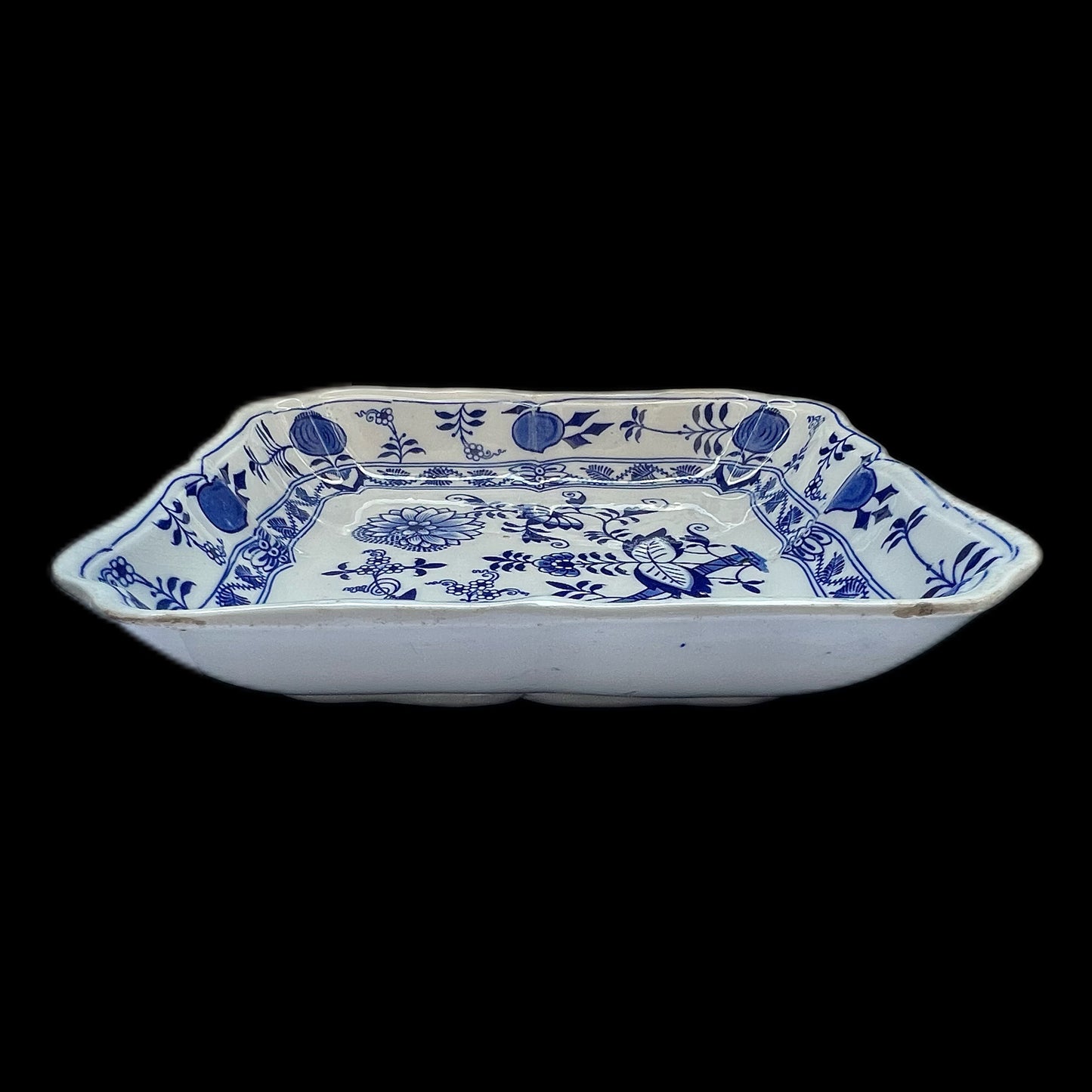 Antique Lewis Strauss & Son's blue and white transferware square serving dish in Blue Meissen pattern