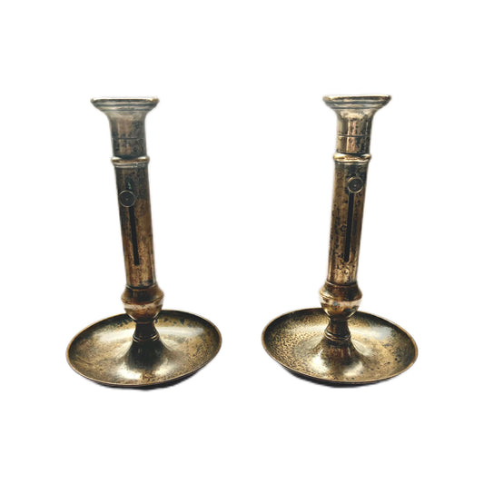 Pair of 19th century English brass and iron hogscraper candlesticks