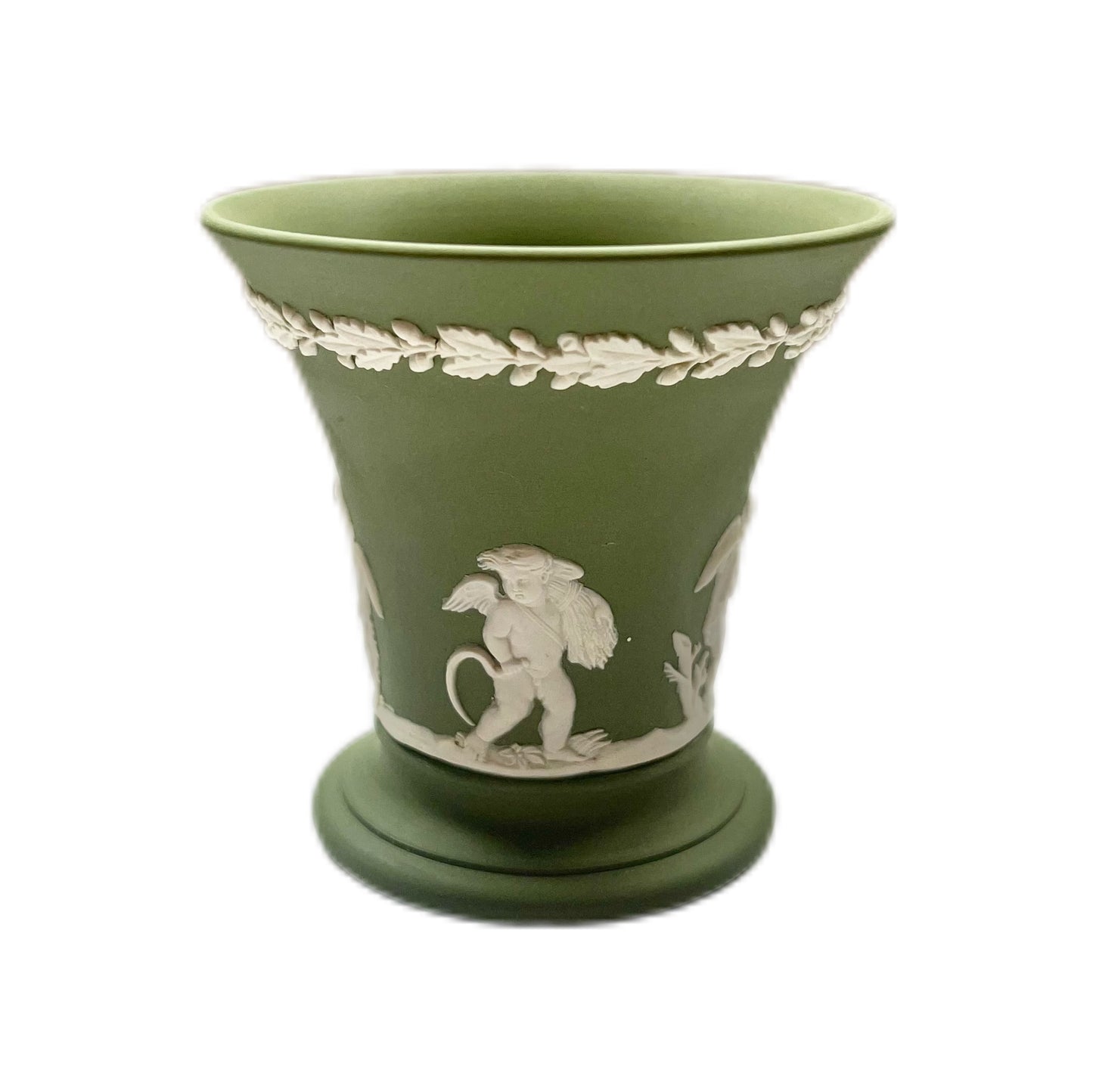 Vintage green Wedgwood posy vase with neo-classical motifs