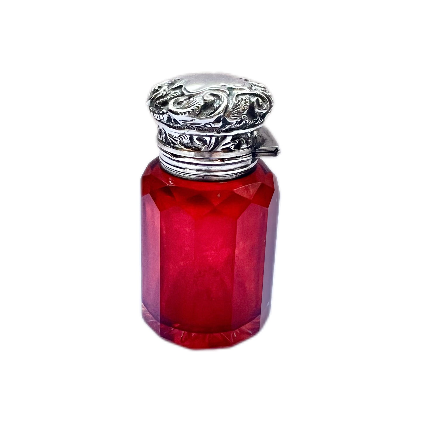 Antique late Victorian sterling silver and ruby glass scent or toiletry bottle