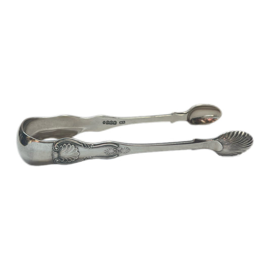 Antique Victorian Scottish sterling silver pair of Kings pattern tongs with shell bowls