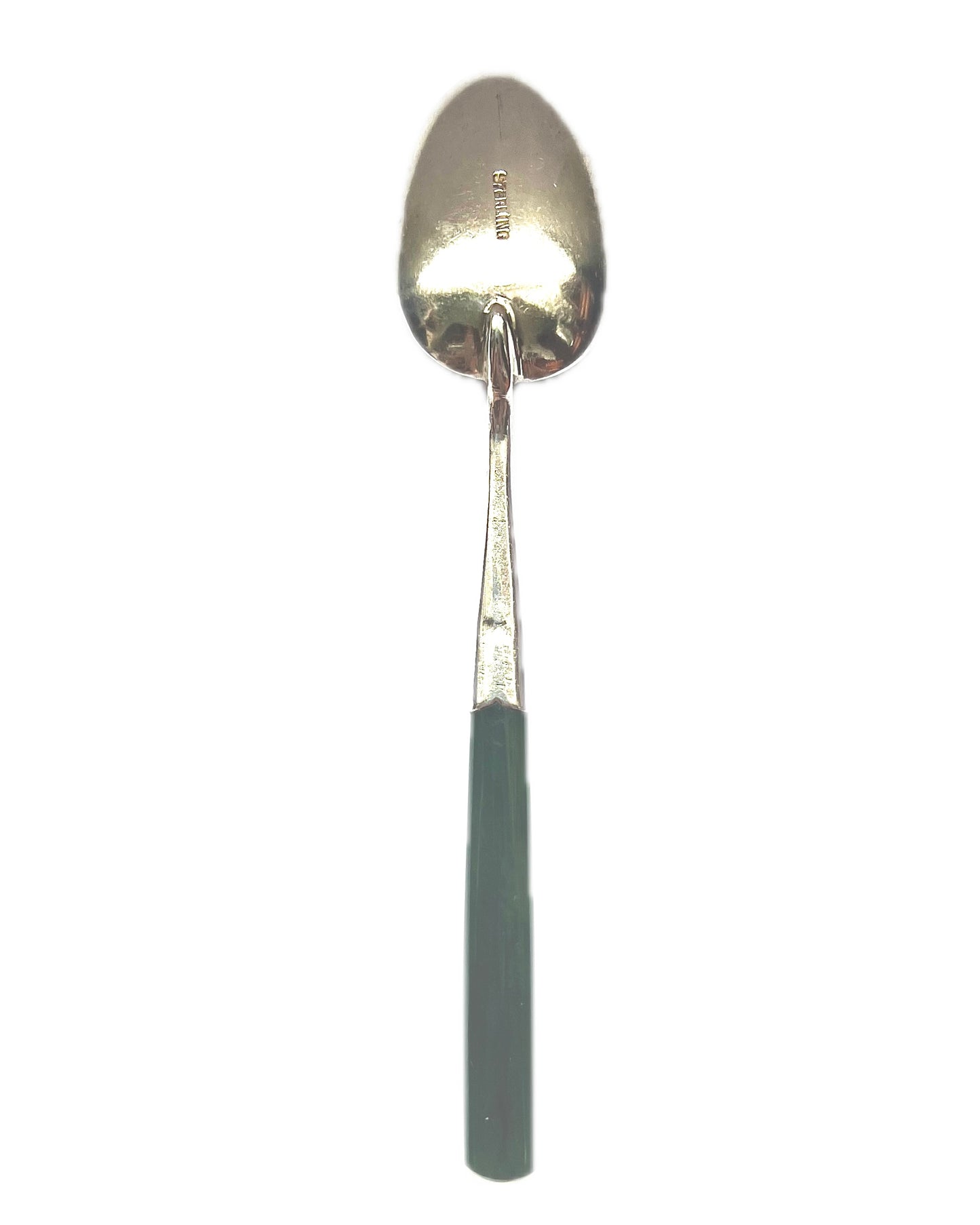 Antique New Zealand sterling silver and nephrite jade tea spoon circa 1900s to 1920s