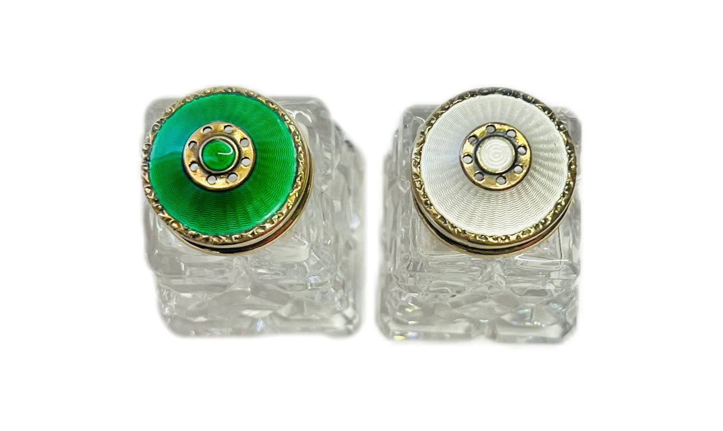 David Andersen enamel and silver silver salt and pepper shakers with silver-plated tray