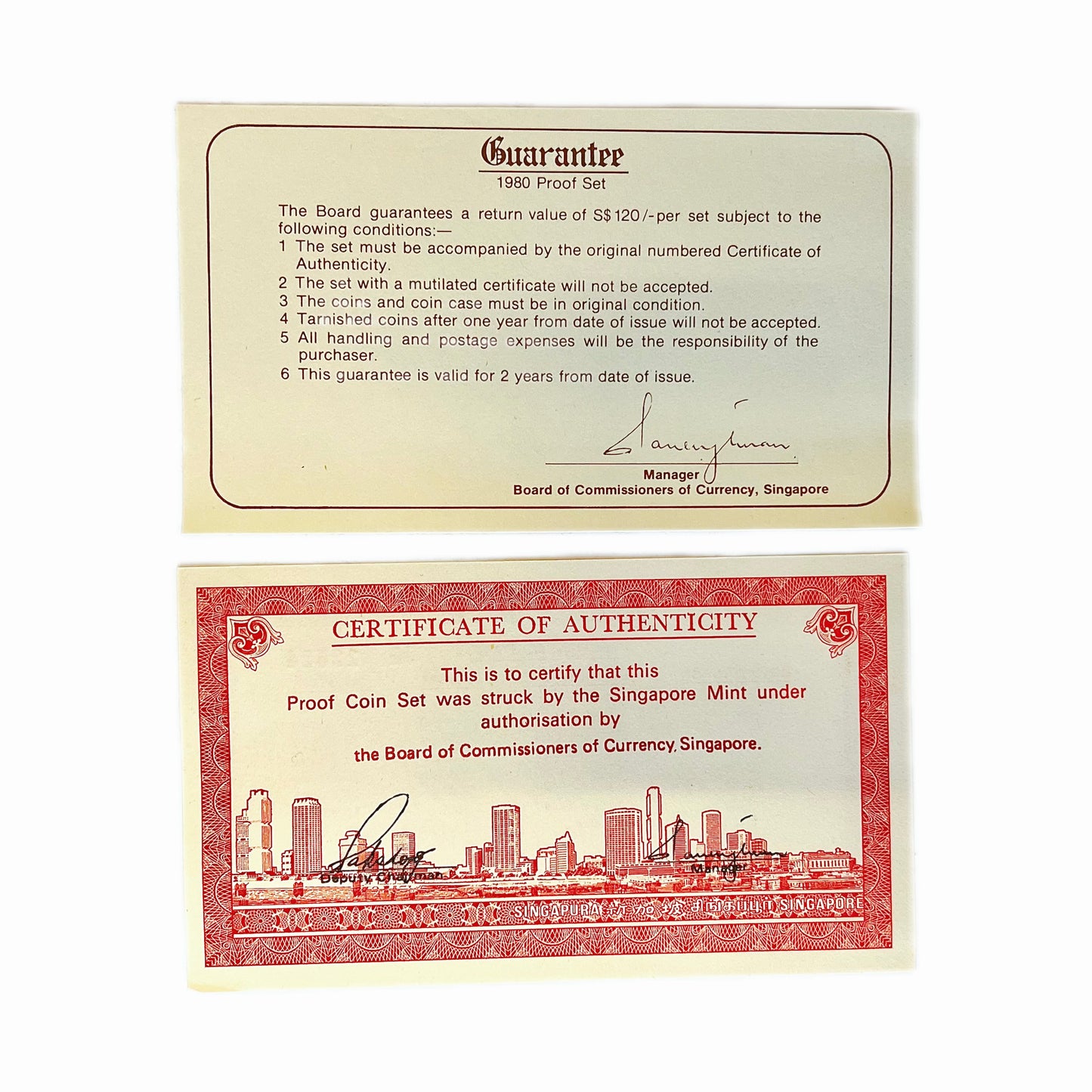 Vintage 1980 Singapore coin proof set, with original certificate of authenticity and guarantee
