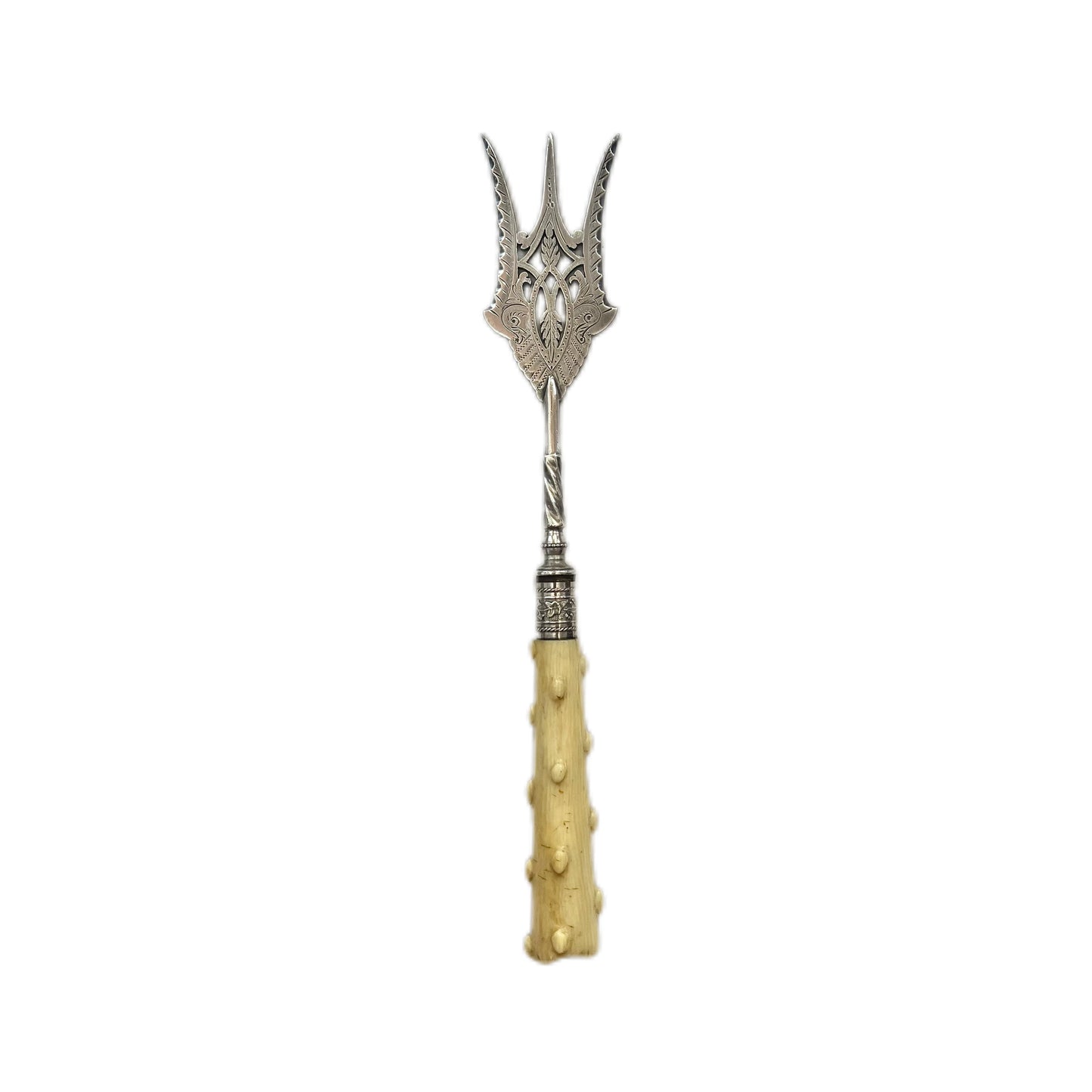 Late Victorian silver-plated and ivory faux coral handled serving fork with sterling silver ferrule by William Yates