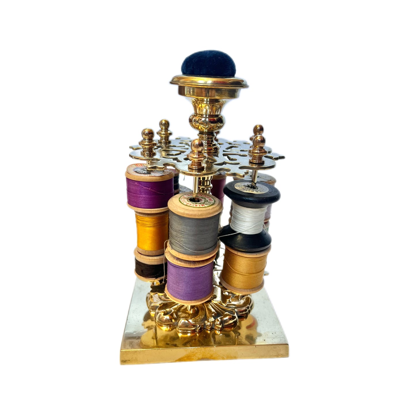 Antique 19th century High Victorian brass spool holder with original pincushion