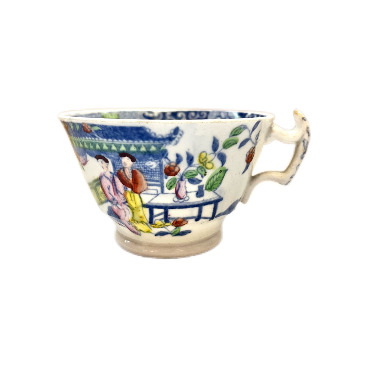 Late Georgian polychrome transfer teacup with a lovely oriental scene