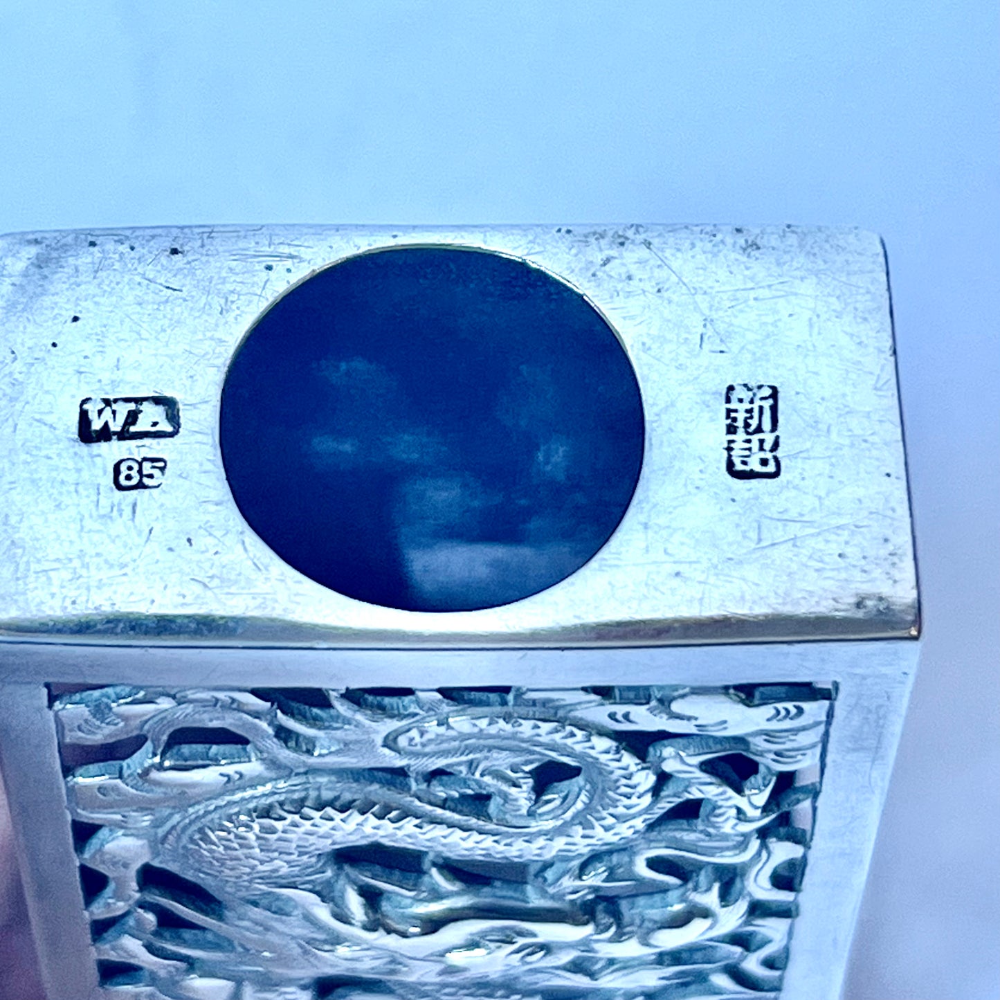 Antique Chinese export silver matchbox with dragon motif, circa 1890 to 1900s, marks for W.A., Canton