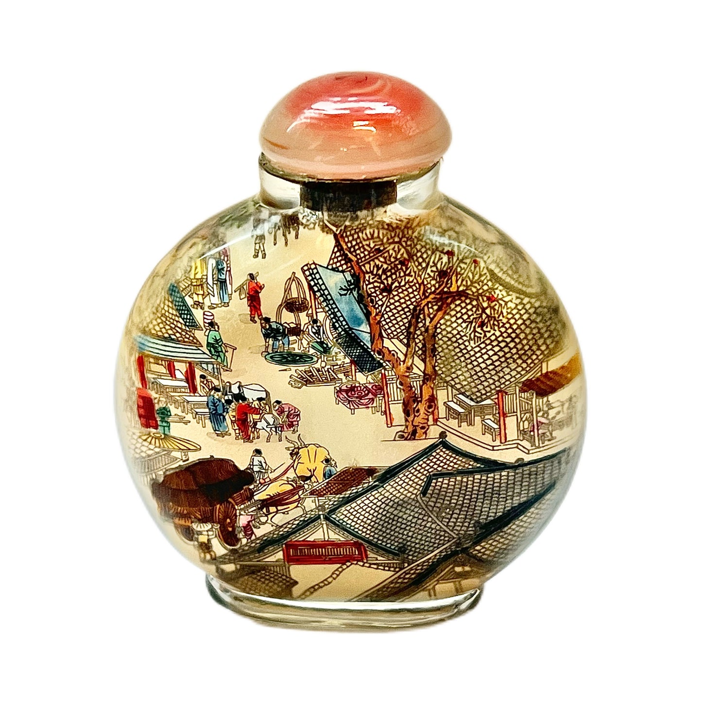 Late 20th century Chinese reverse-painted snuff bottle, Along the River During the Qingming Festival, Qingming Shanghe Tu