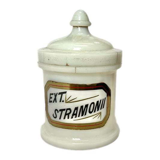 Antique Whitall Tatum Milk Glass Apothecary Jar- Ext. Stramonii